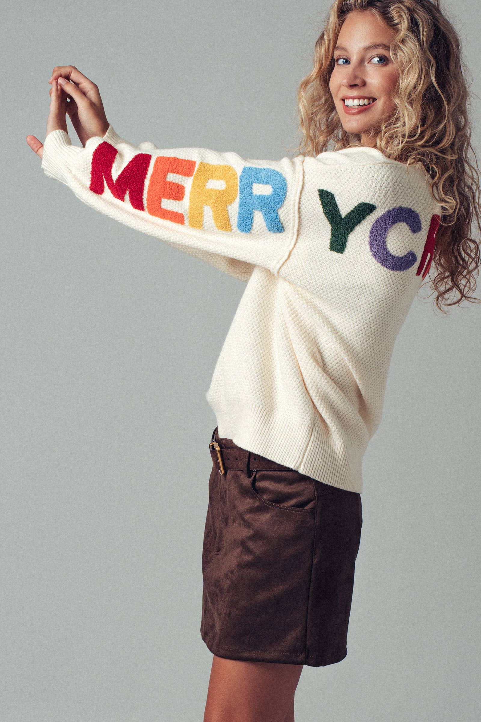 Urban Daizy Rainbow Graphic Lettering Oversized Knit Sweater Cream Knit Sweater - Women's (UDZ-TP-00814) – alternate view 4