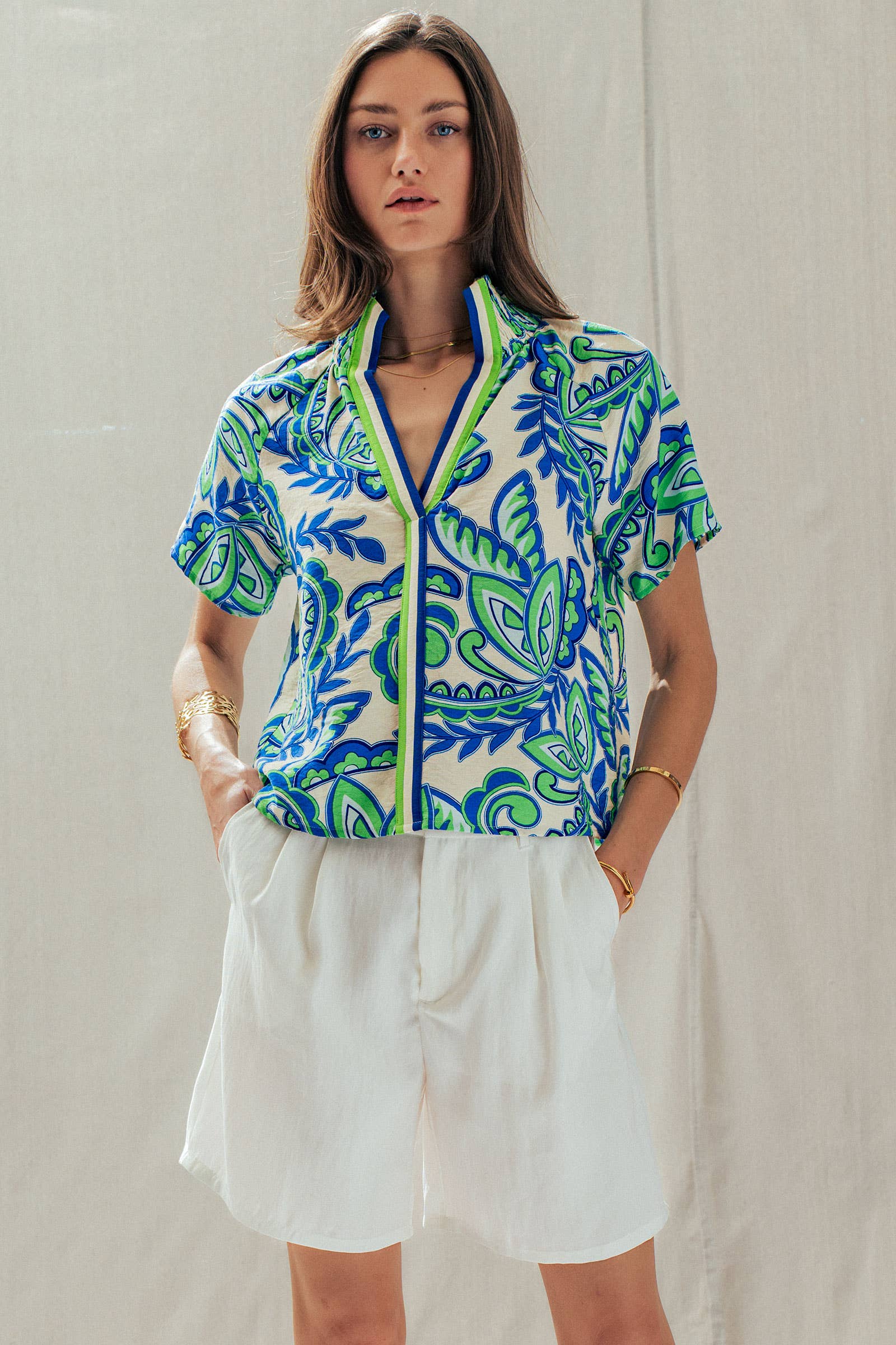 Paisley Smocked High-Neck V-Neck Blouse