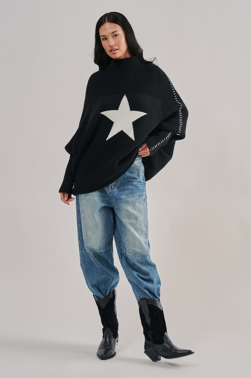 Star Intarsia Mock Neck Sweater in BLACK - Women's Sweaters | Urban Daizy