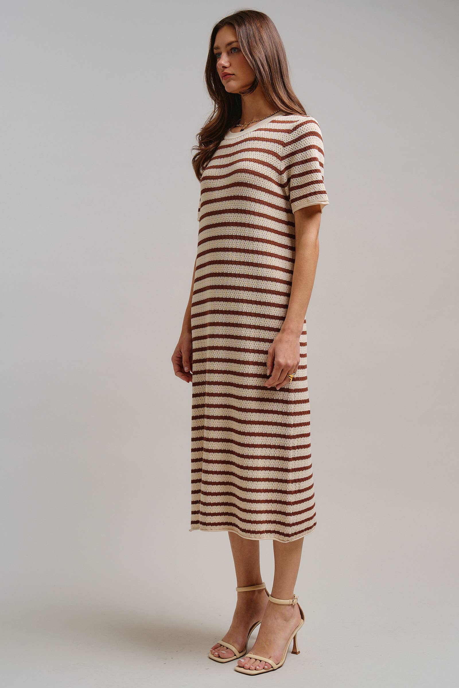 Striped Crochet Knit Short Sleeve Midi Dress