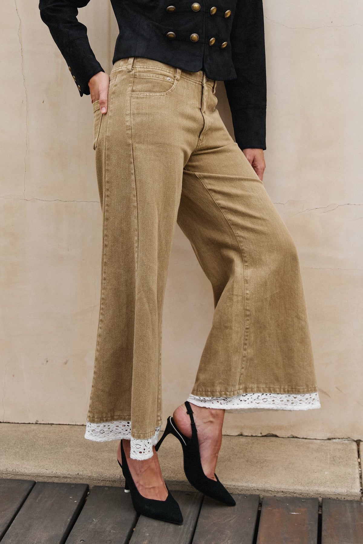 Wide Leg Lace Hem Denim Casual Pants in TAUPE	 - Women's Casual Pants | Urban Daizy