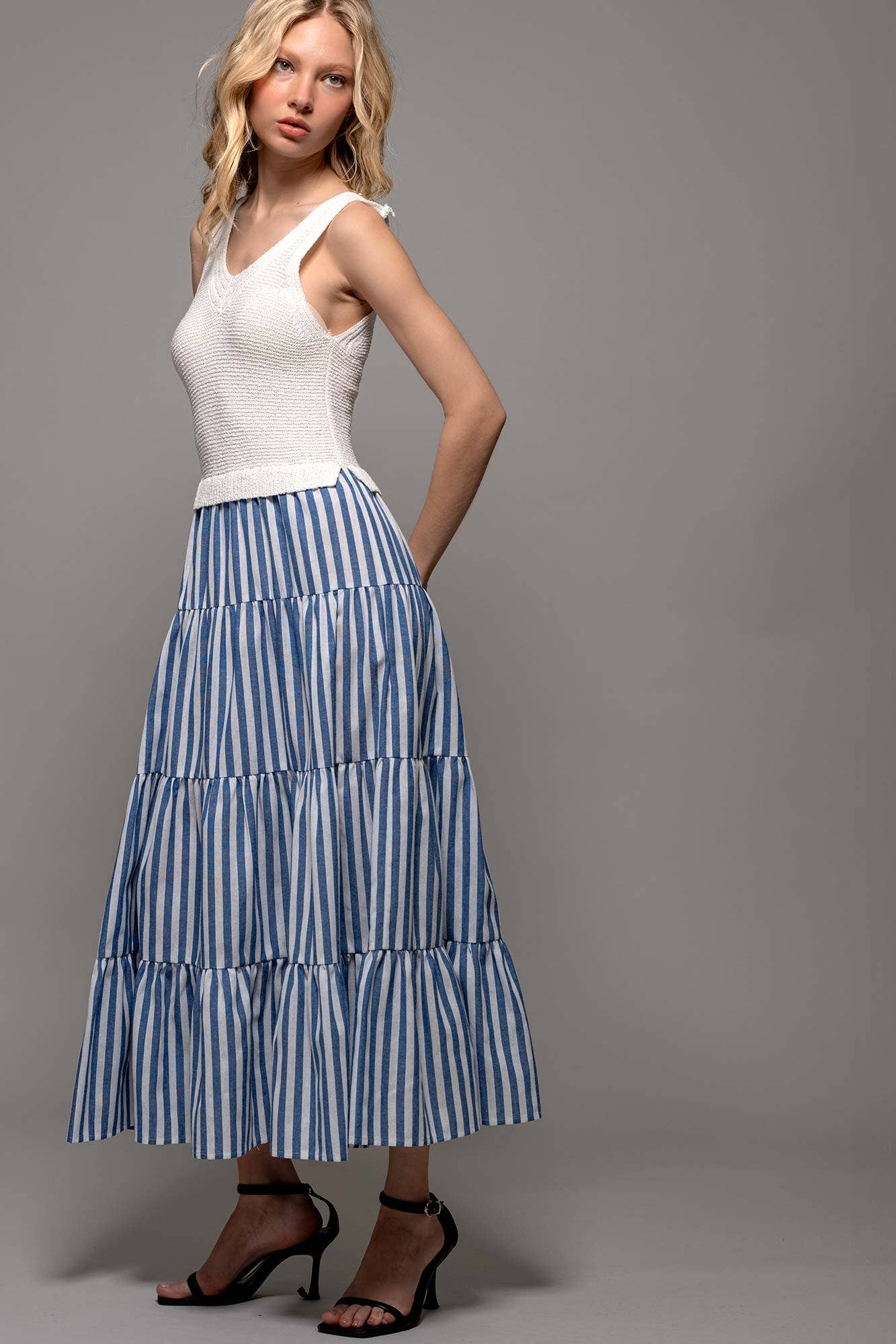 Urban Daizy Ribbed Bodice Striped Tiered Spring Maxi Dress Blue Dress - Women's (UDZ-DR-00178) – alternate view 13