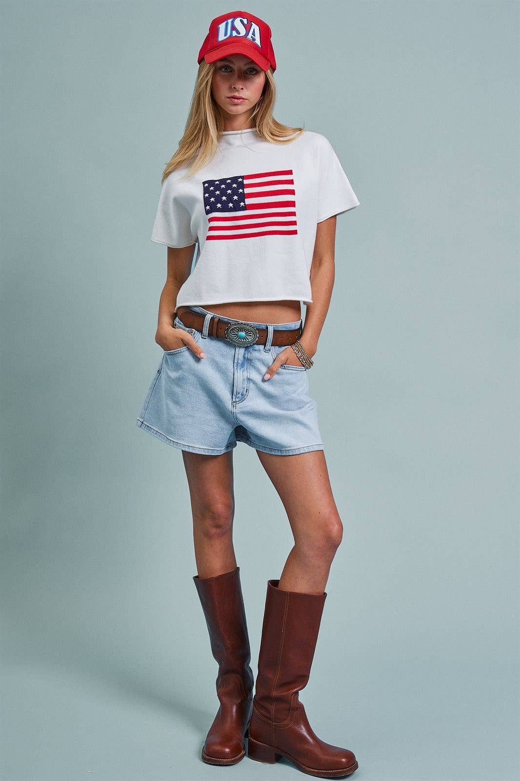 Urban Daizy American Flag Graphic Raw Edge Crop Tee White T-Shirt (Graphic) - Women's (UDZ-TP-01083-White) – alternate view 6