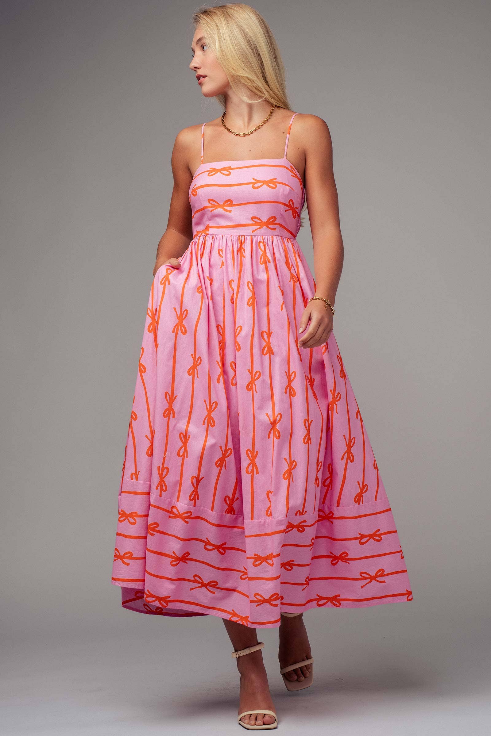 Sweet Ribbon Stripe Bow Print Smocked Back Maxi Dress