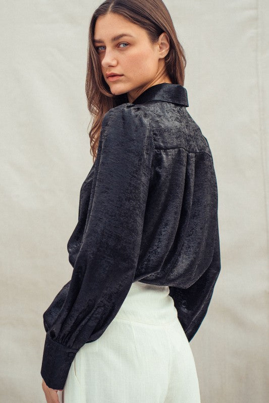 Metallic Shimmer Button Down Blouse with Puff Sleeves in BLACK - Women's Shirts & Blouses | Urban Daizy