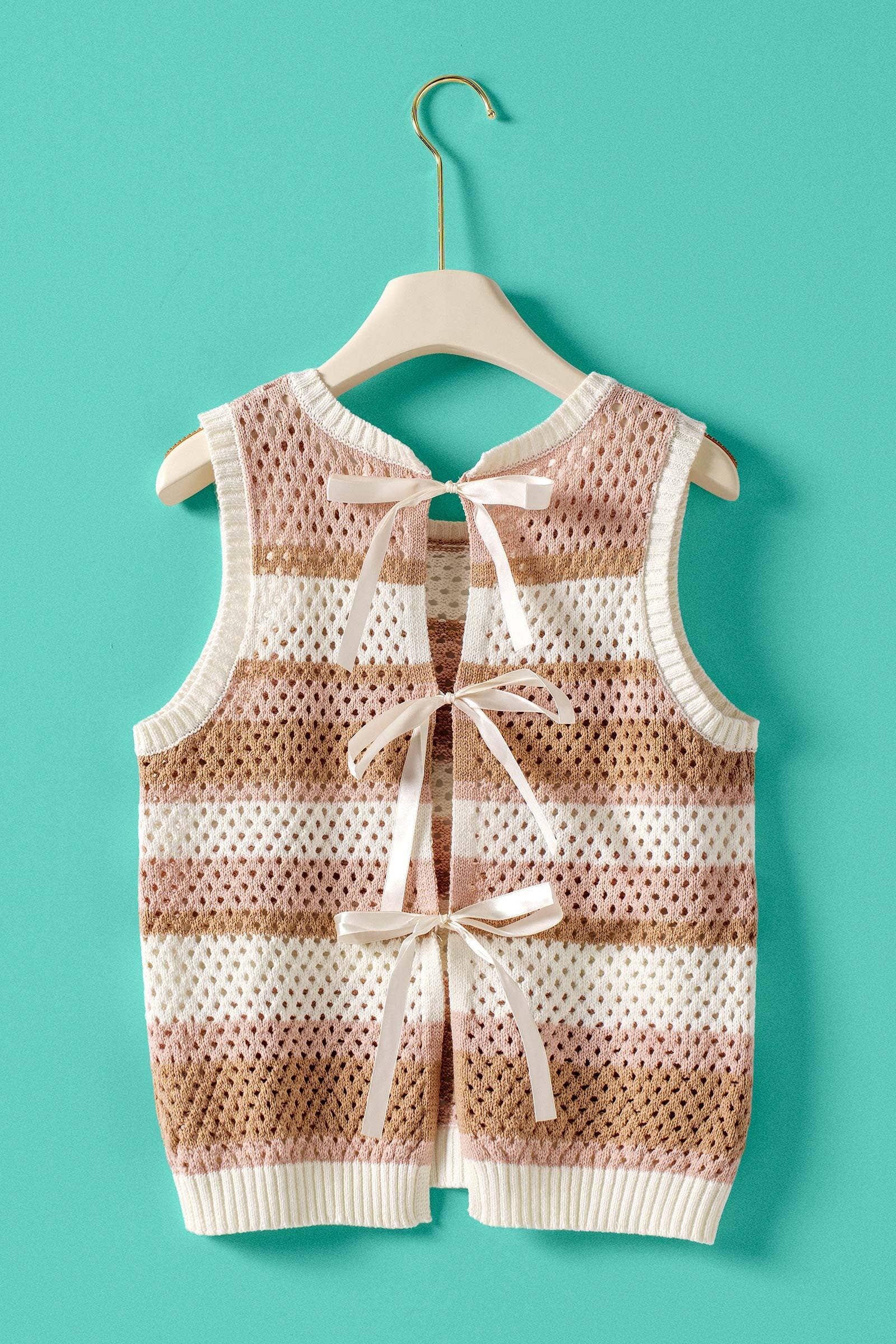 Urban Daizy Striped Crochet Knit Vest Triple Ribbon Tie Pink Sweater Vest - Women's (UDZ-KN-01045)