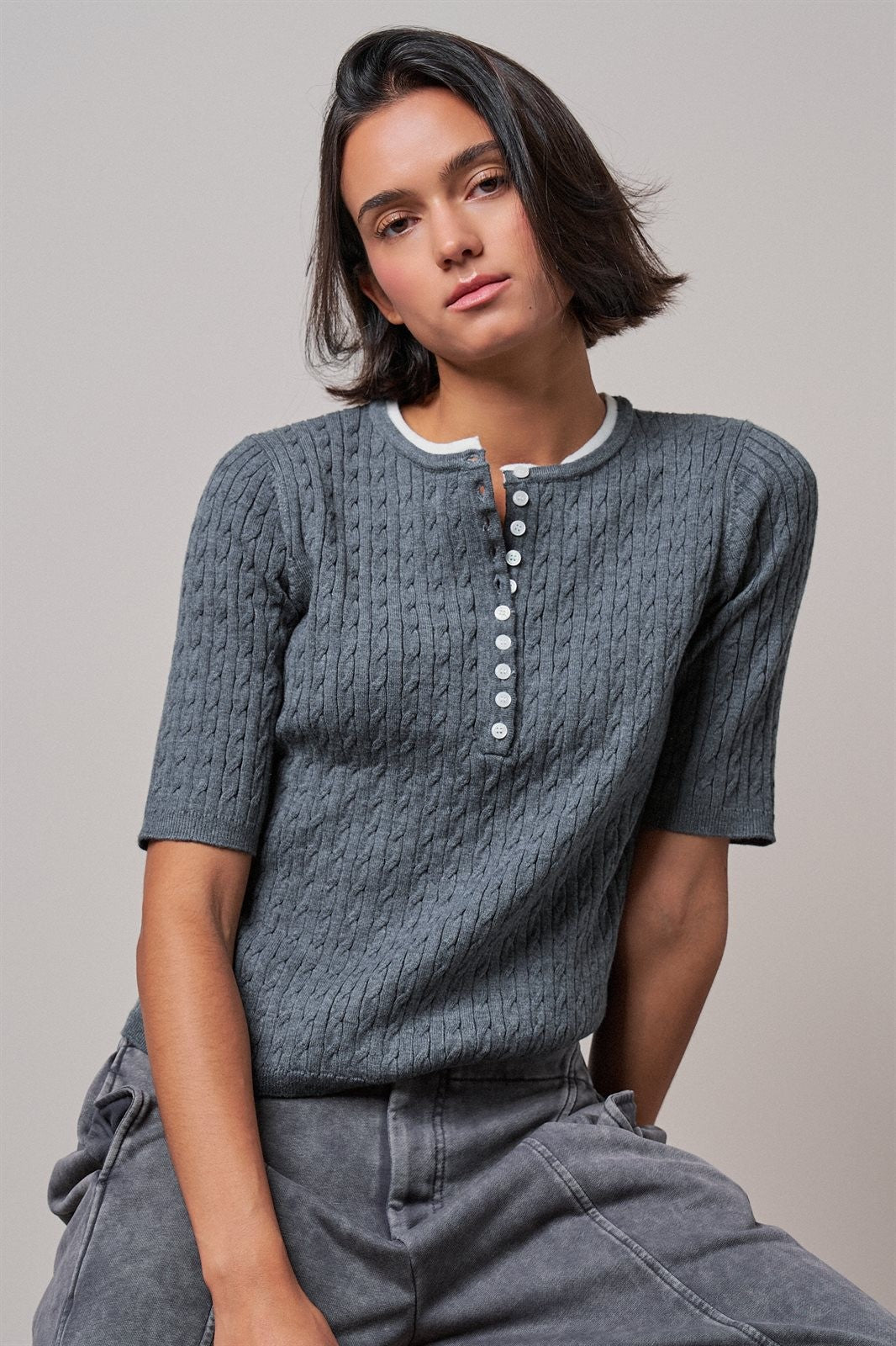 Wool Blend Cable Knit Henley with Contrast Neckline in GREY - Women's Sweaters | Urban Daizy