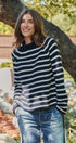 Striped Mock Neck Sweater with Rolled Neckline in IVORY NAVY - Women's Sweaters | Urban Daizy