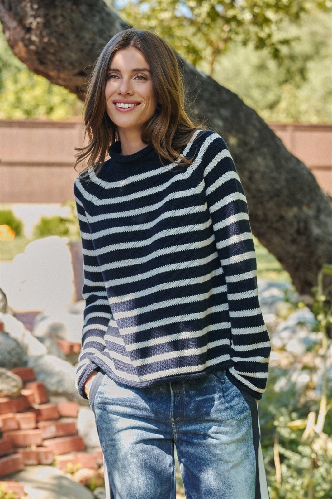 Striped Mock Neck Sweater with Rolled Neckline in IVORY NAVY - Women's Sweaters | Urban Daizy