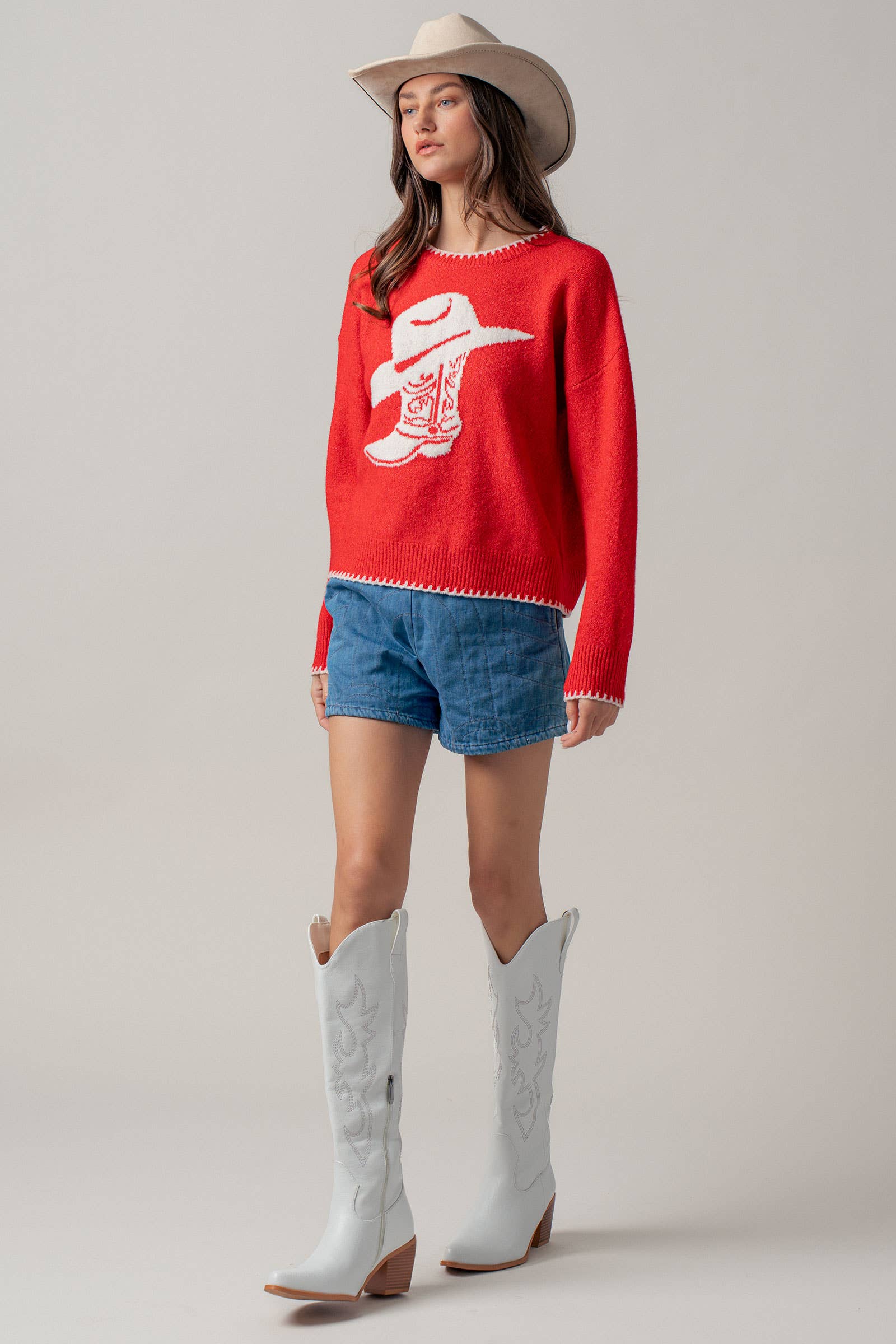 Urban Daizy Cowboy Boot Graphic Knit Sweater Red Knit Sweater - Women's (UDZ-KN-01040) – alternate view 5
