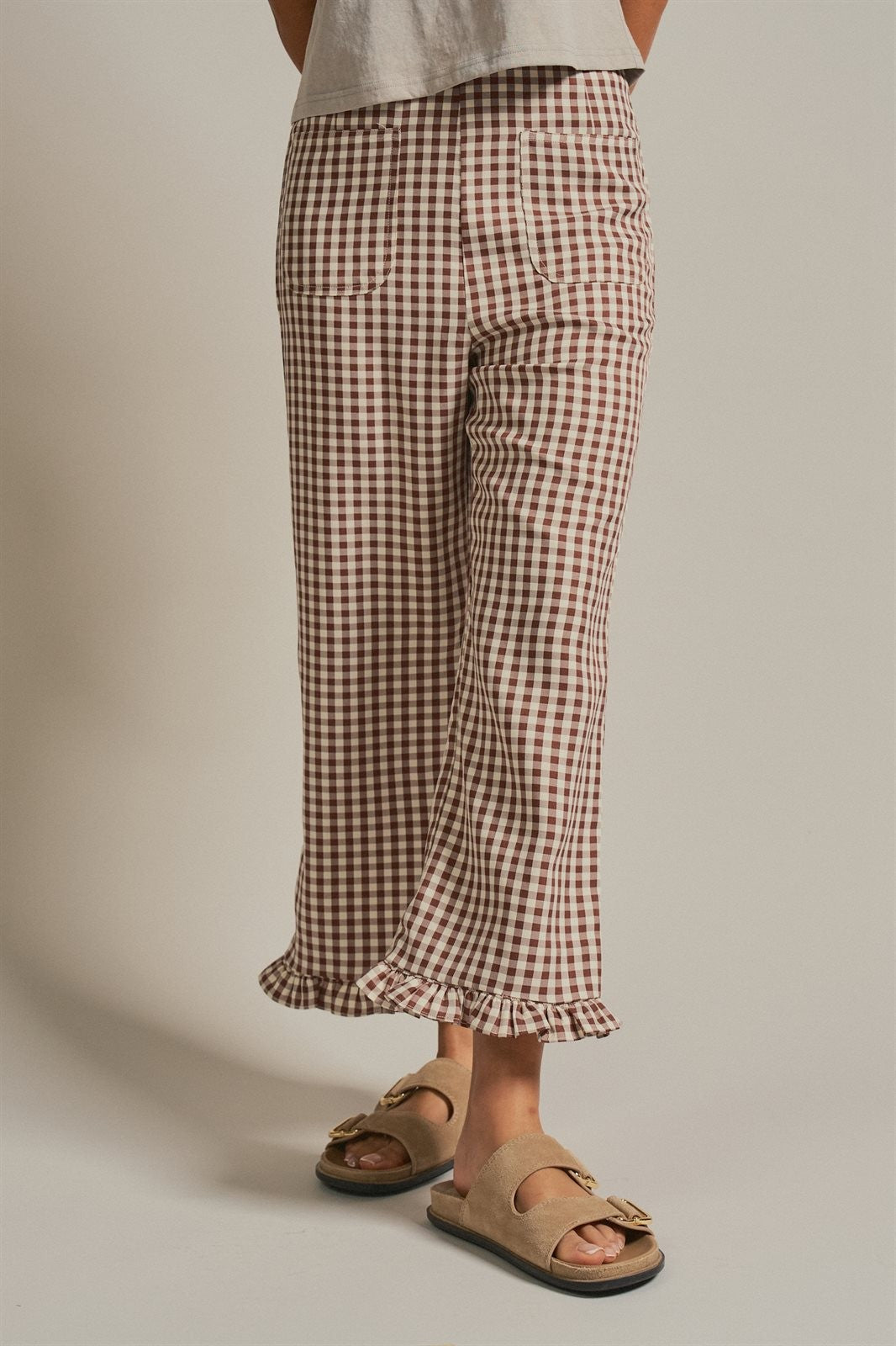 Gingham Ruffle Hem Cropped Wide Leg Pants in Brown in BROWN - Women's Casual Pants | Urban Daizy