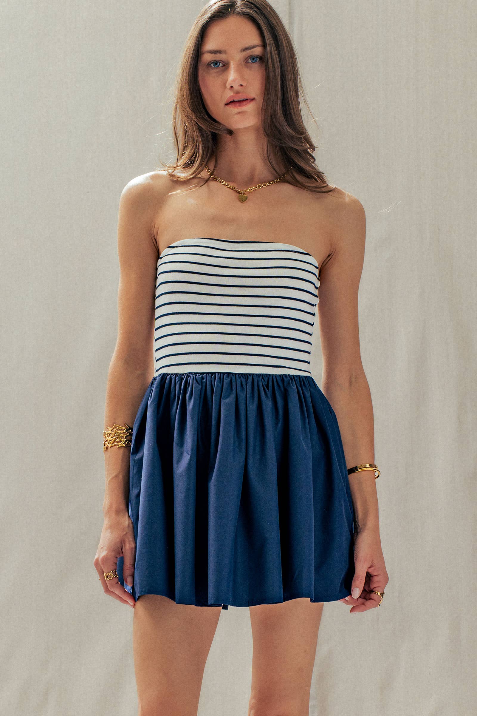 Urban Daizy Mixed Media Strapless Knit & Poplin Mini Dress Ivory-Blue Dress - Women's (UDDR0336-Ivory-Blue) – alternate view 8