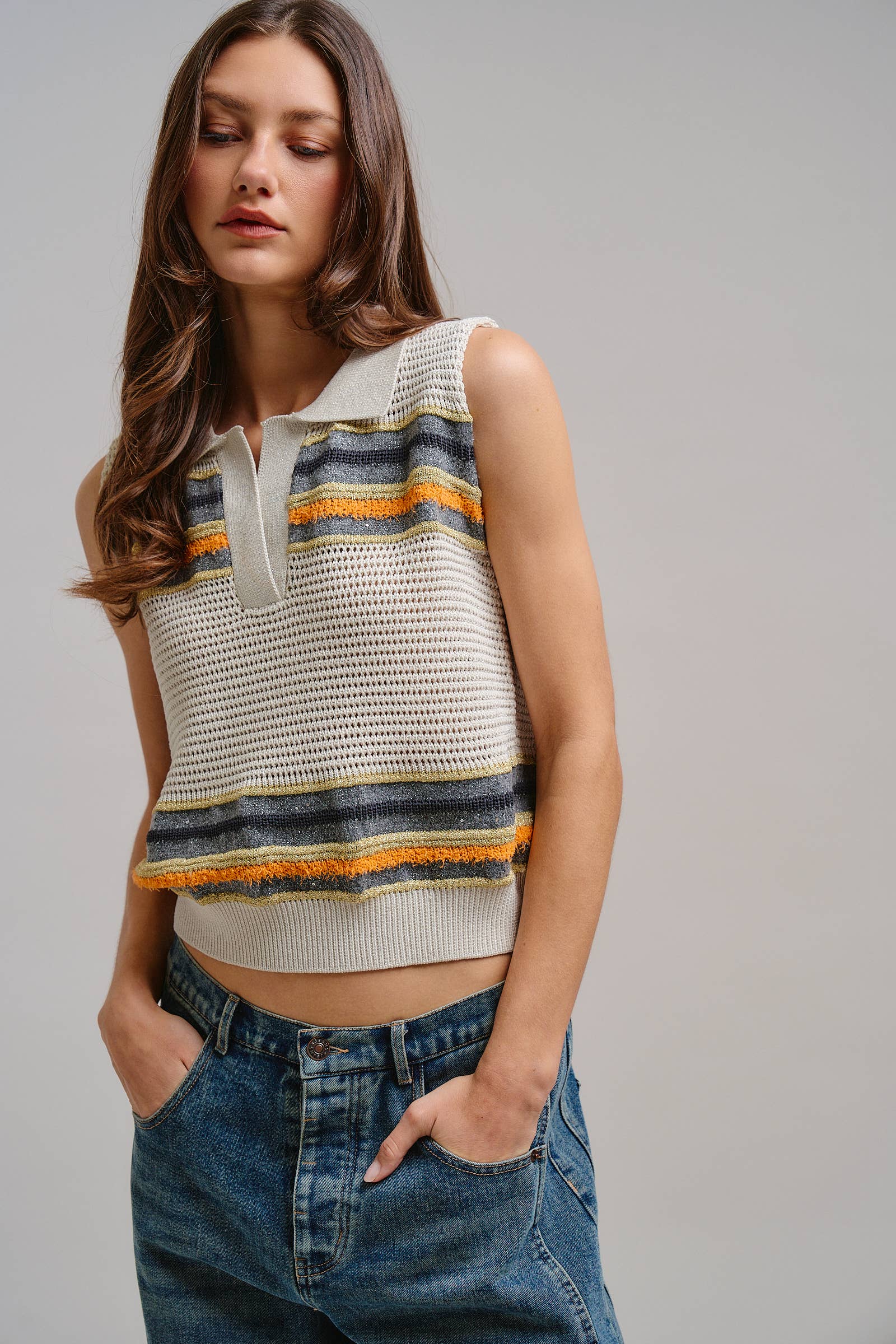 Retro Striped Metallic Knit Sleeveless Polo
