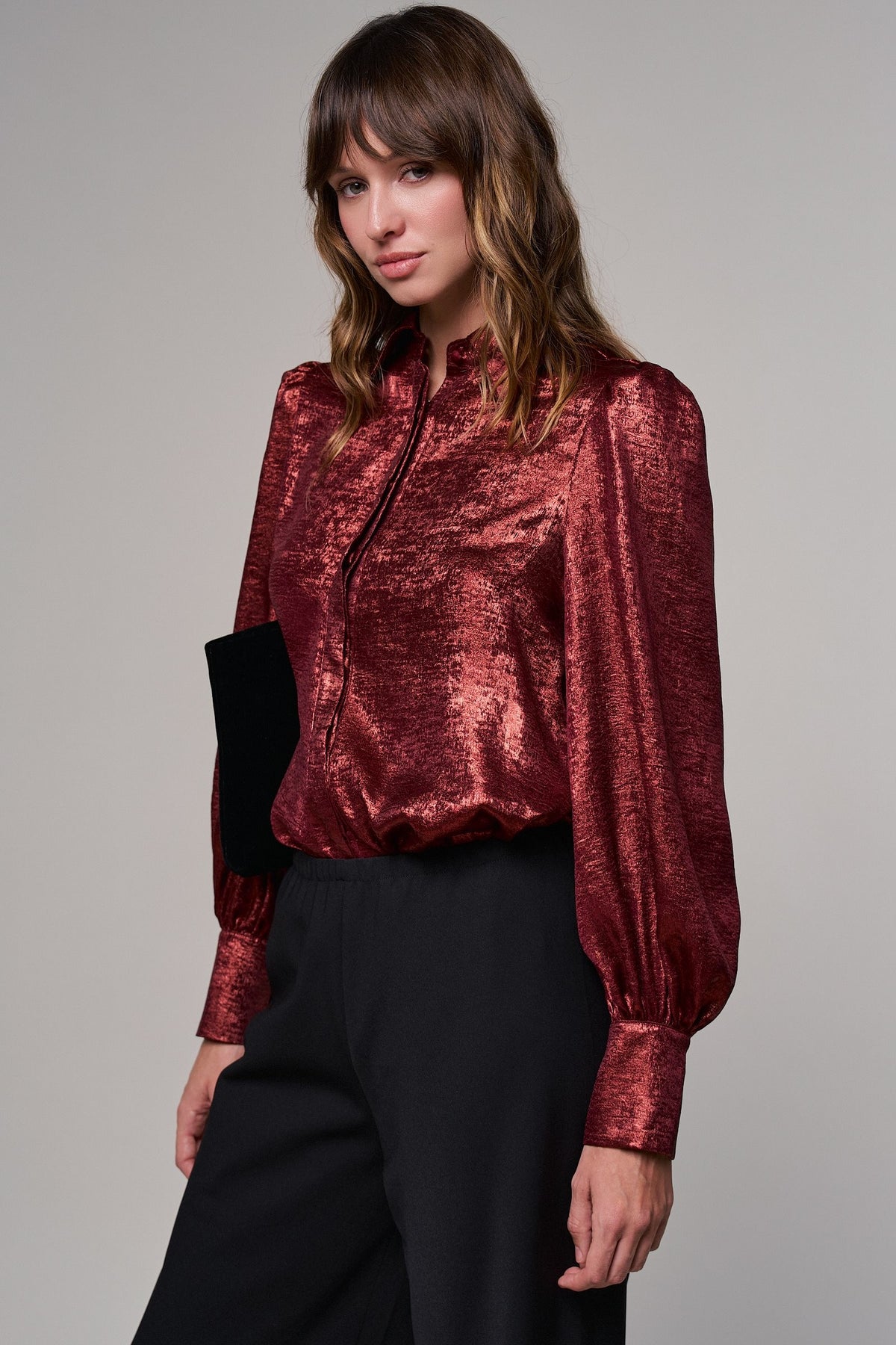 Metallic Shimmer Button Down Blouse with Puff Sleeves in BURGUNDY - Women's Shirts & Blouses | Urban Daizy