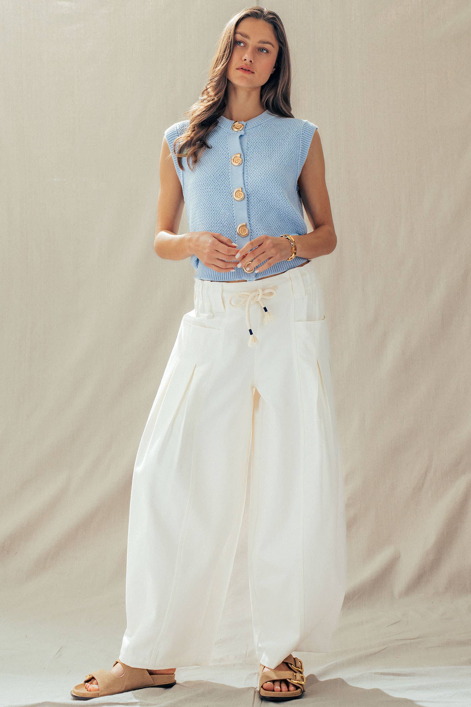 Urban Daizy Rope Drawstring Balloon Pants Pleated Front Brown-Stripe Pants - Women's (UDZ-PT-00481) – alternate view 31