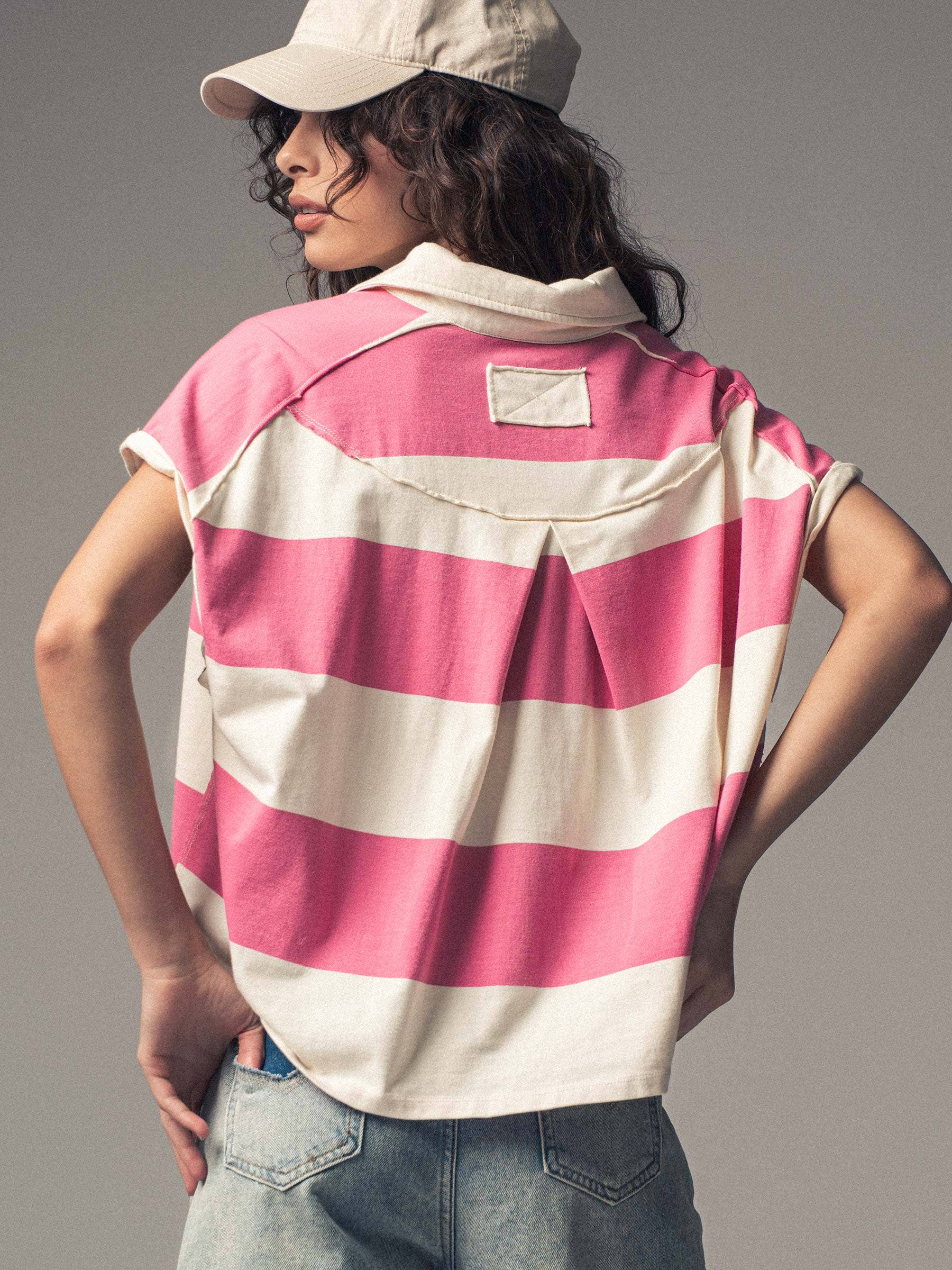 Urban Daizy Bold Striped Dolman Sleeve Polo Shirt Ivory Black Polo - Women's (UDZ-TP-00660) – alternate view 12