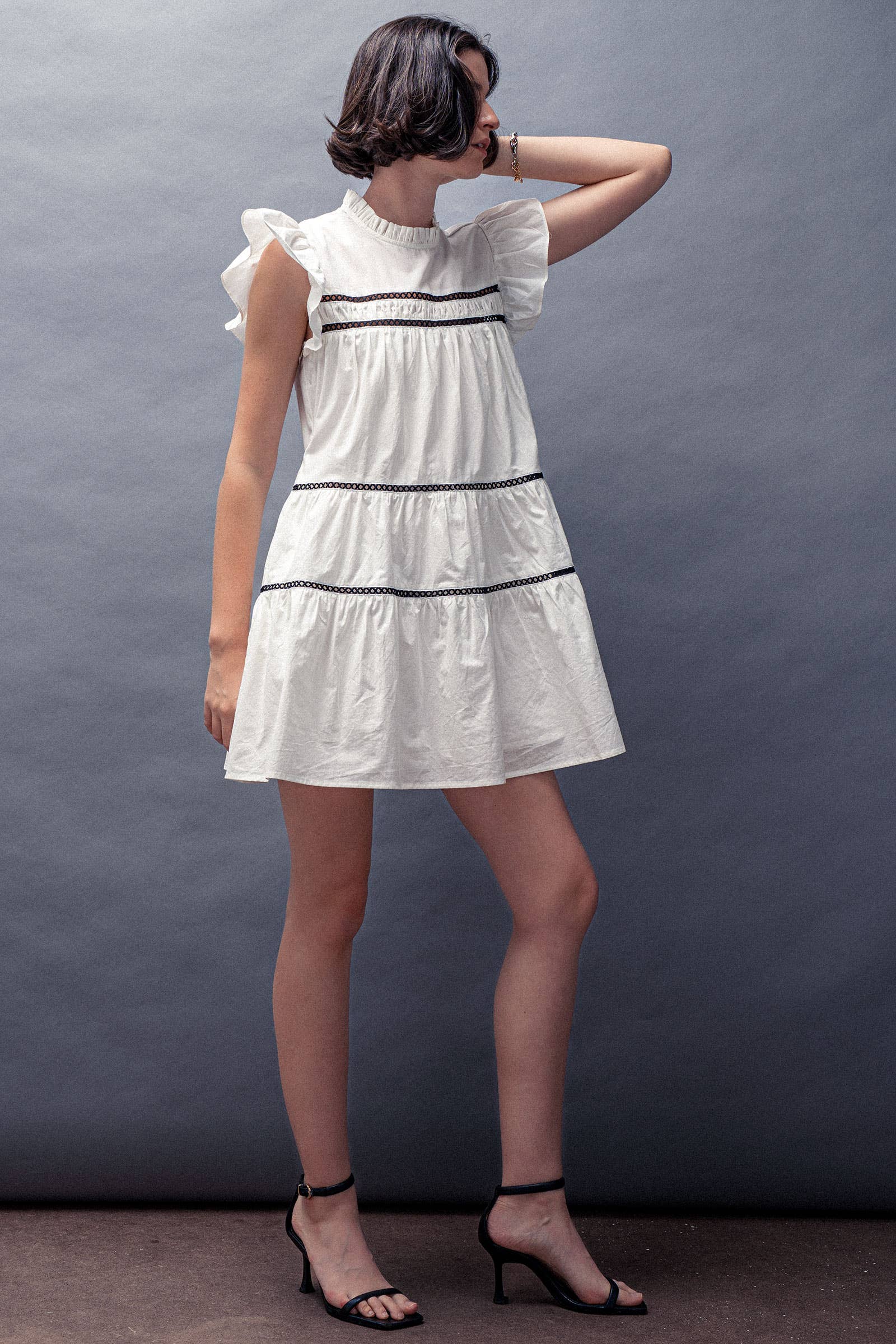 Urban Daizy Lace Trim Ruffle Sleeve Tiered Spring Mini Dress Black Dress - Women's (UDZ-DR-00204) – alternate view 10