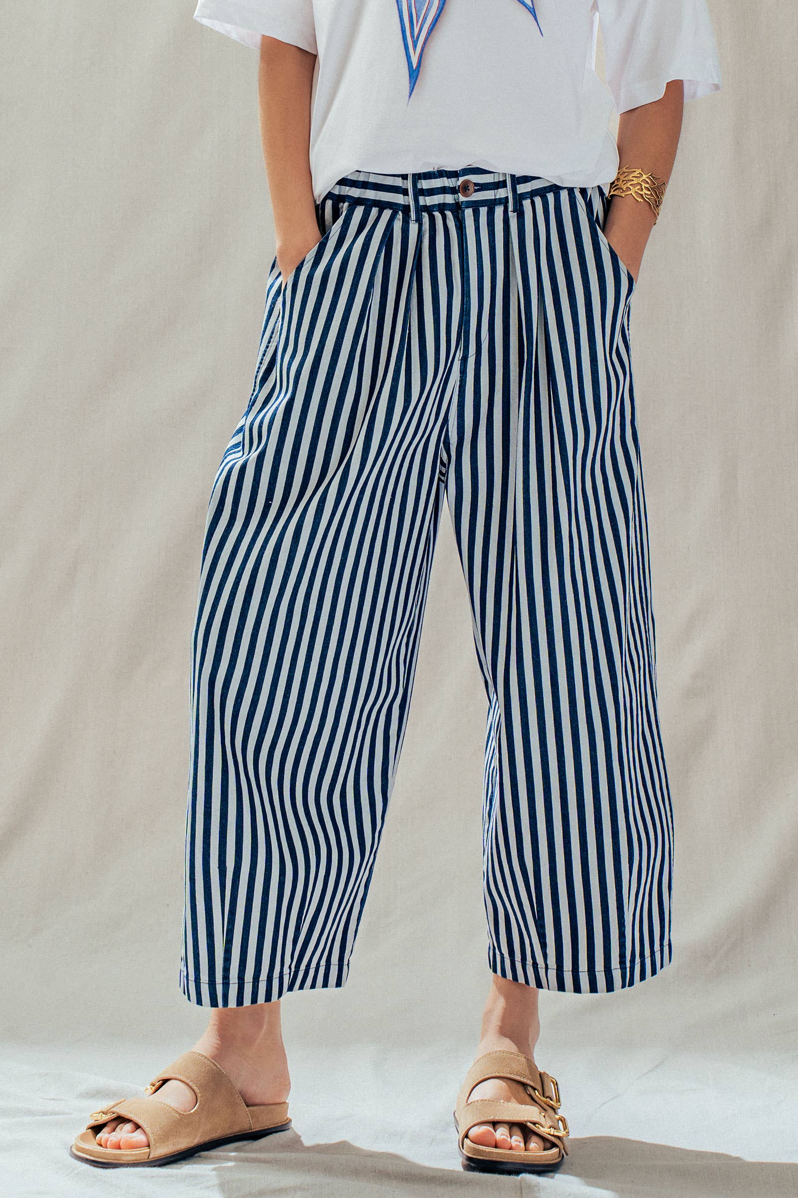Striped Pleated Wide Leg Culotte Pants