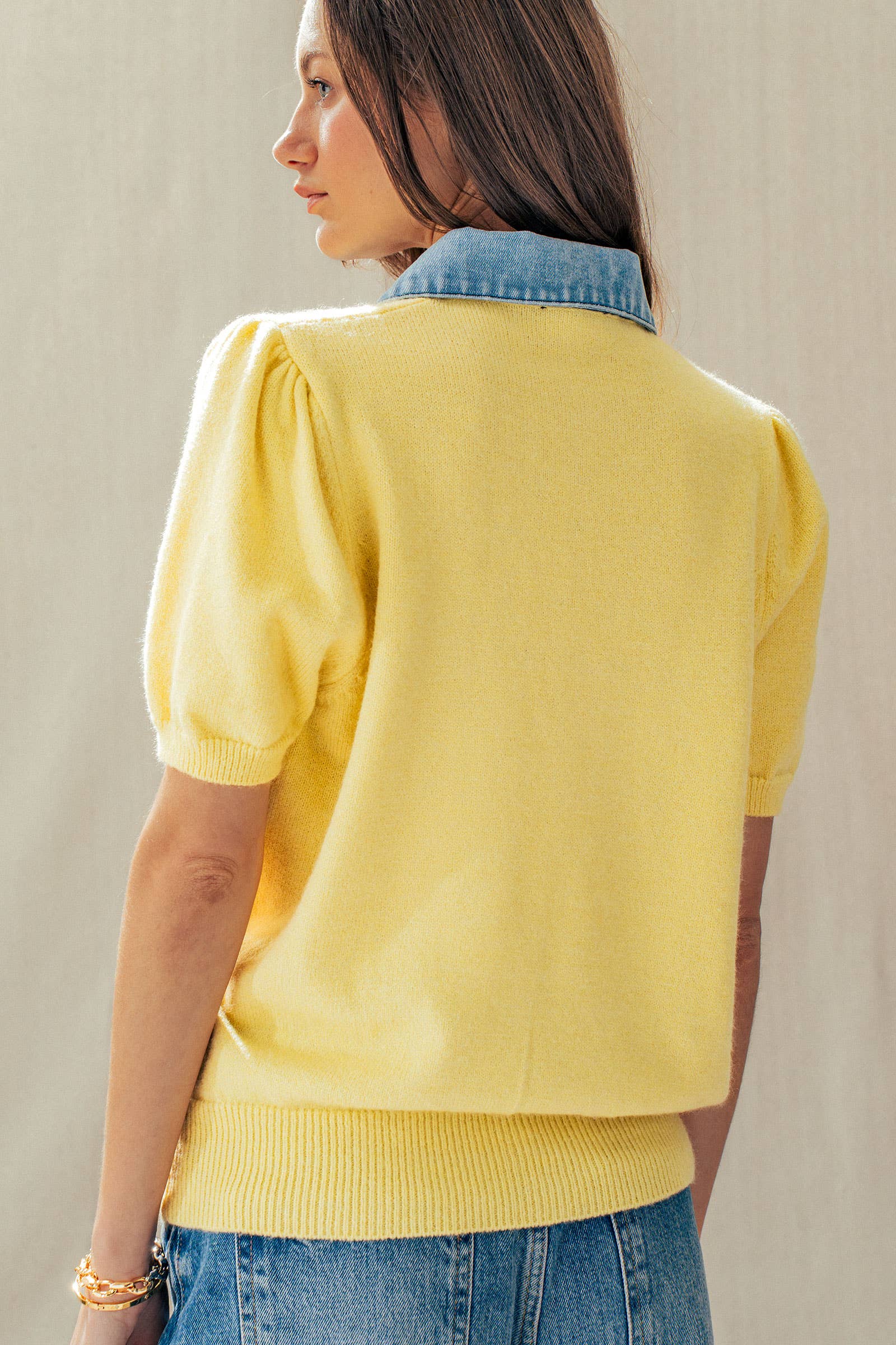 Contrast Denim Collar Knit Sweater Top