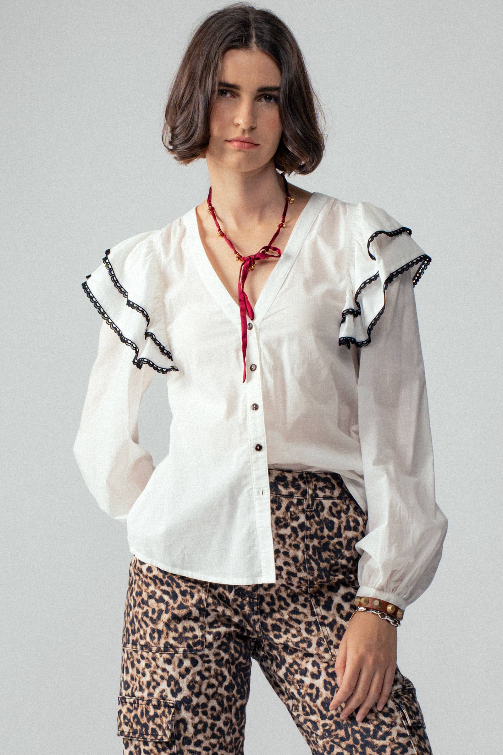 Ruffled Shoulder V Neck Button Down Blouse