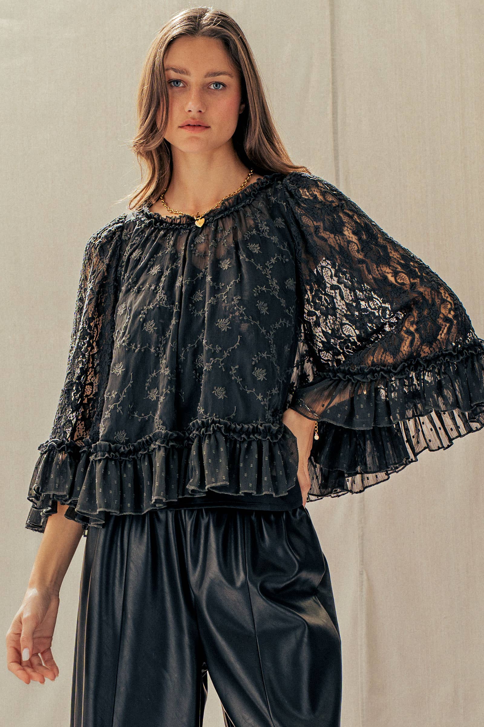 Swiss Dot Lace Top Ruffle Flutter Sleeve