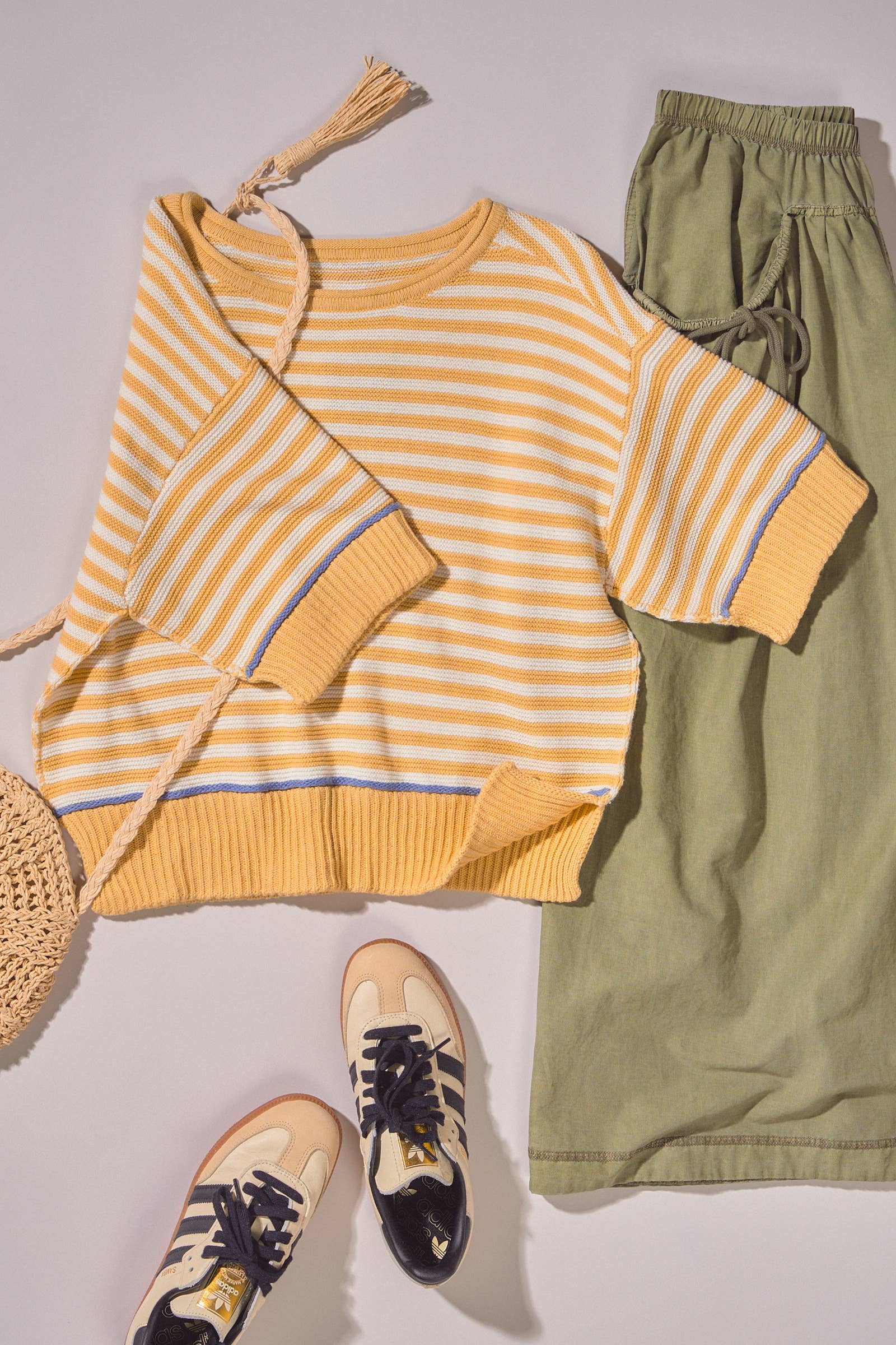 Yellow Striped Contrast Trim Sweater Tee