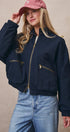 Cropped Zip Bomber Jacket in NAVY - Women's Jackets & Blazers | Urban Daizy