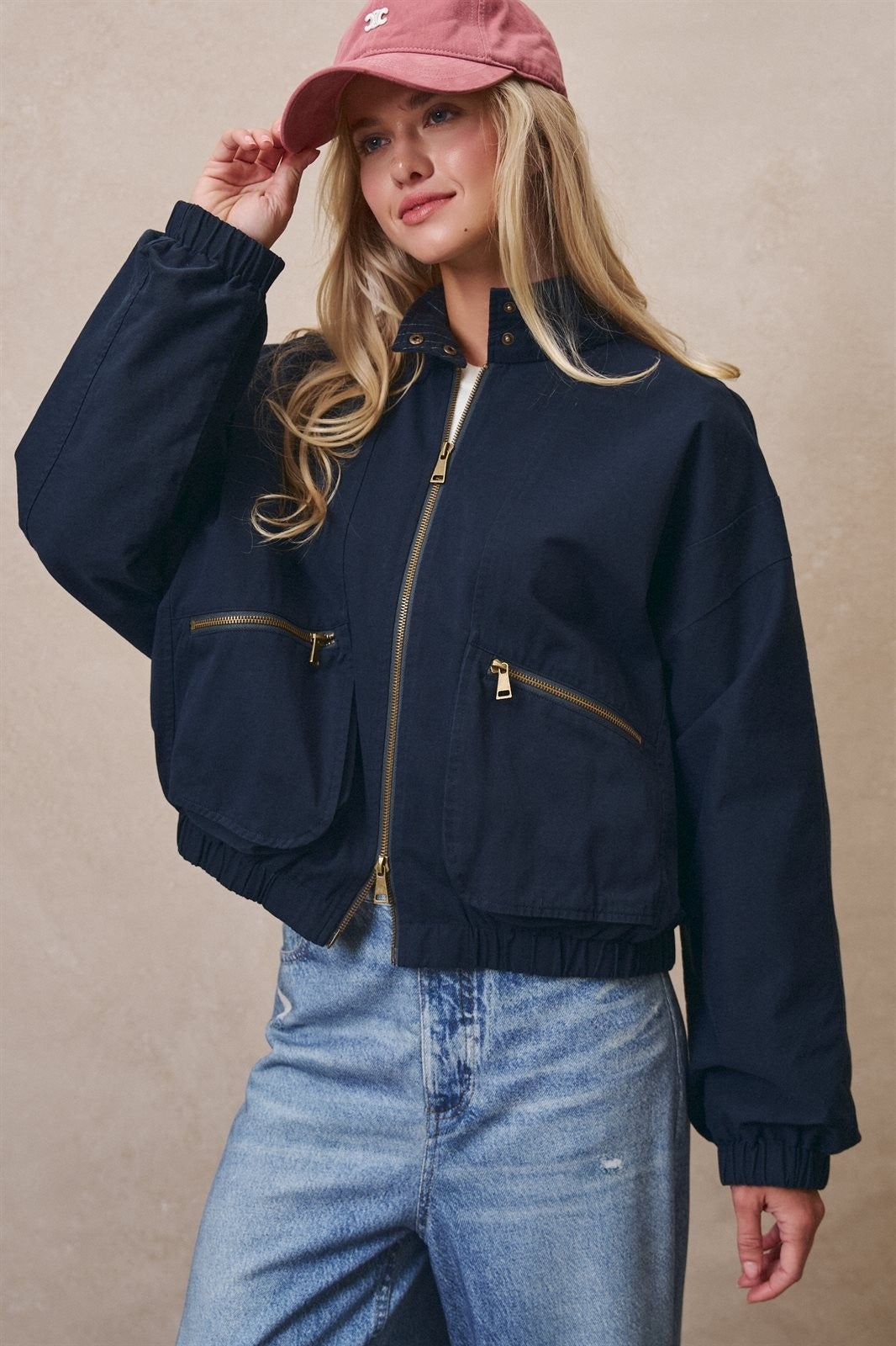 Cropped Zip Bomber Jacket in NAVY - Women's Jackets & Blazers | Urban Daizy