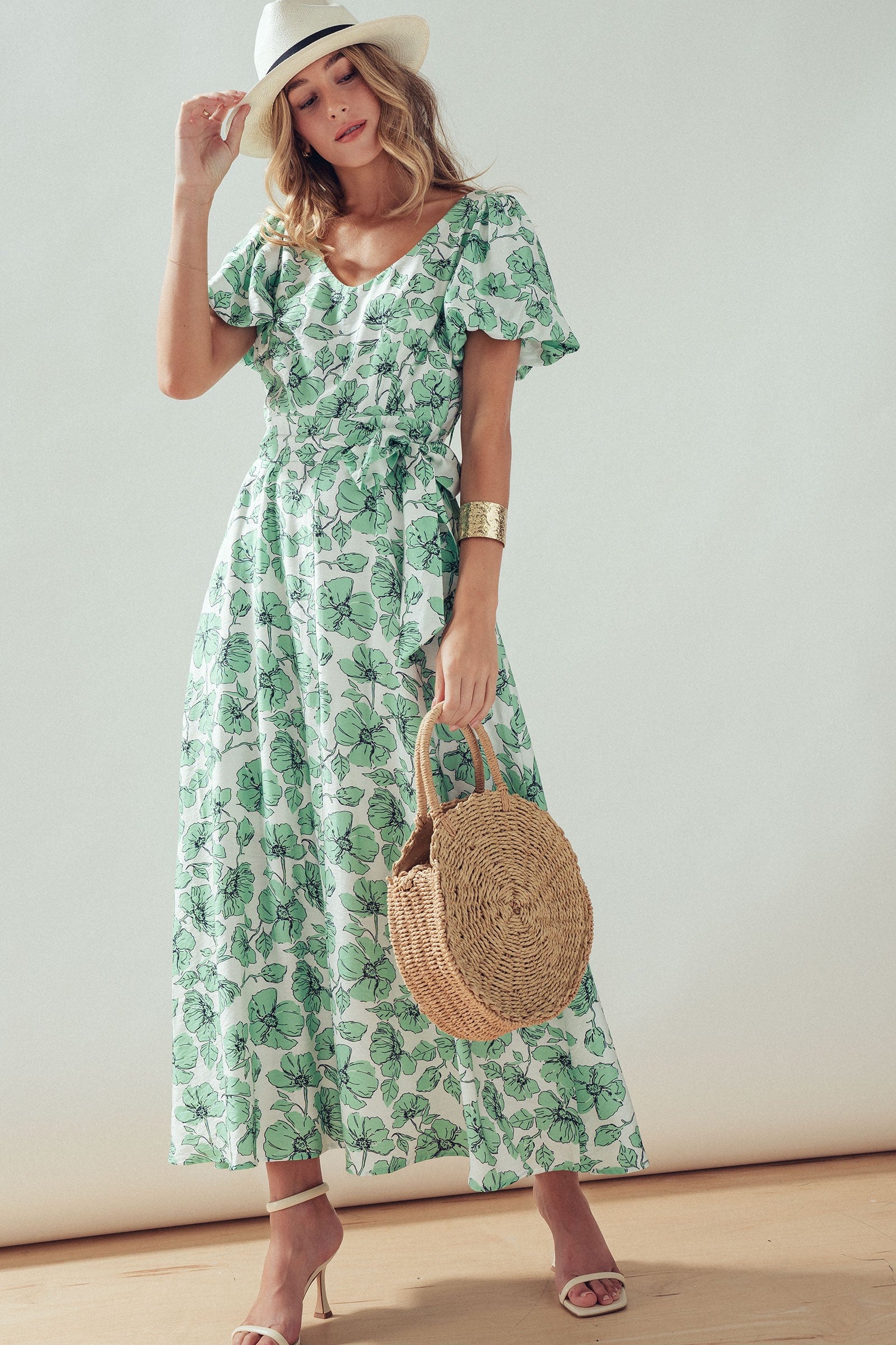 Green Floral Puff Sleeve Midi Dress