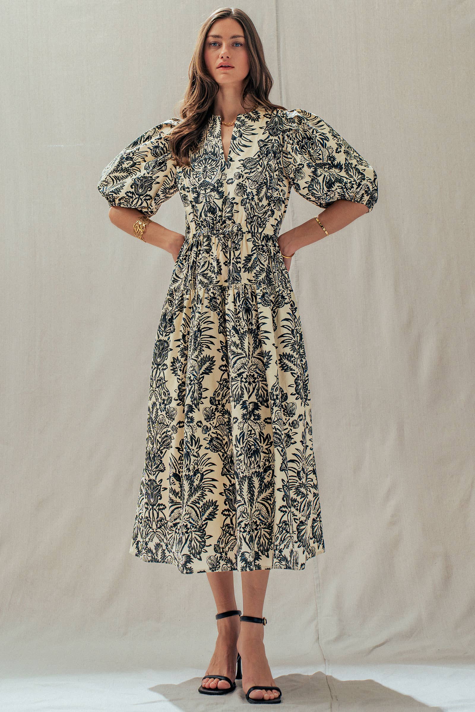 Urban Daizy Botanical Puff Sleeve Cotton Midi Dress Ivory-Black Dress - Women's (UDDR0335-Ivory-Black) – alternate view 7