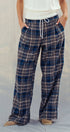 Urban Daizy Elastic Drawstring Waist Plaid Wide-Leg Pants Navy-Grey Pants - Women's (UDZ-PT-00466)