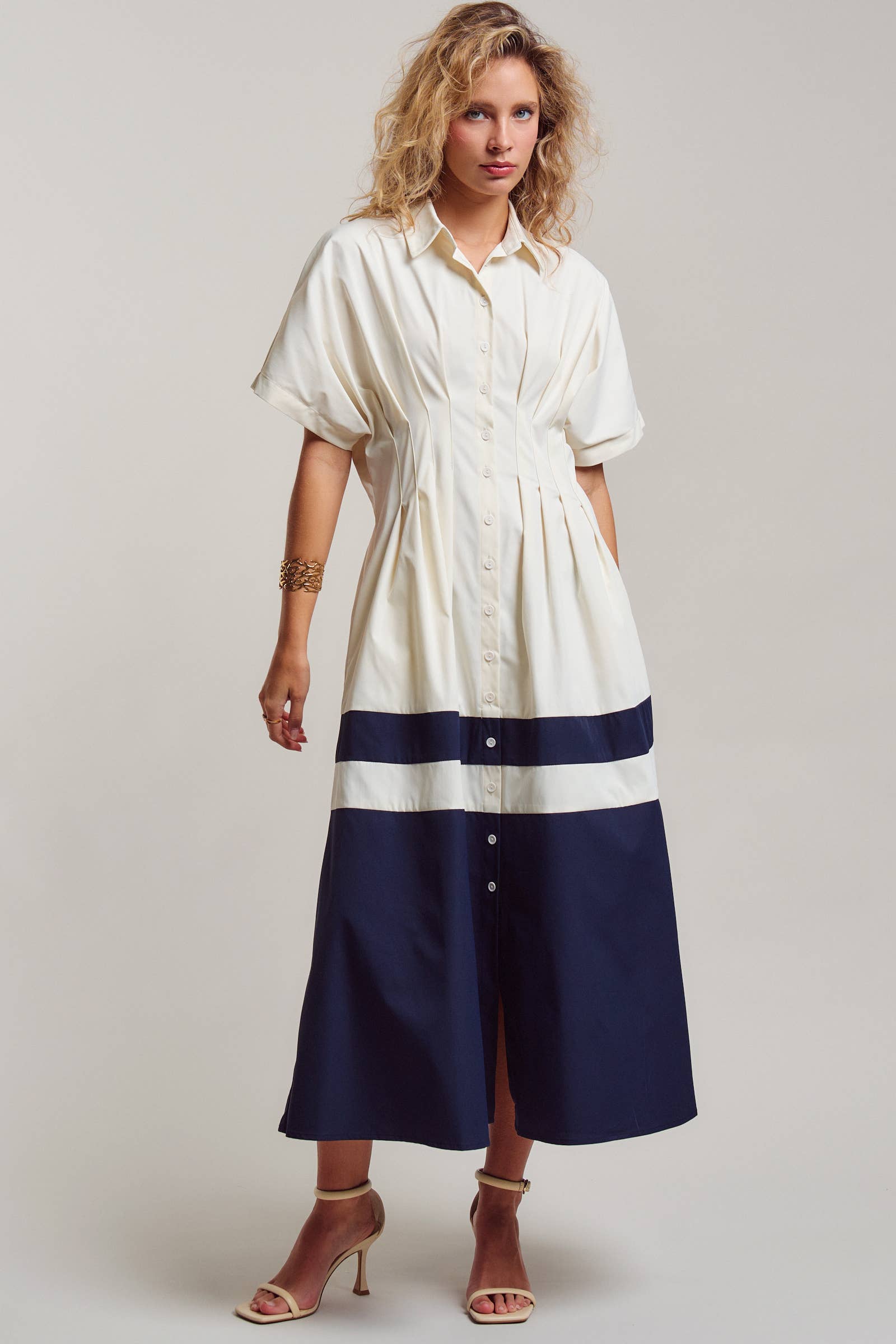 Colorblock Button-Up Cotton Midi Dress