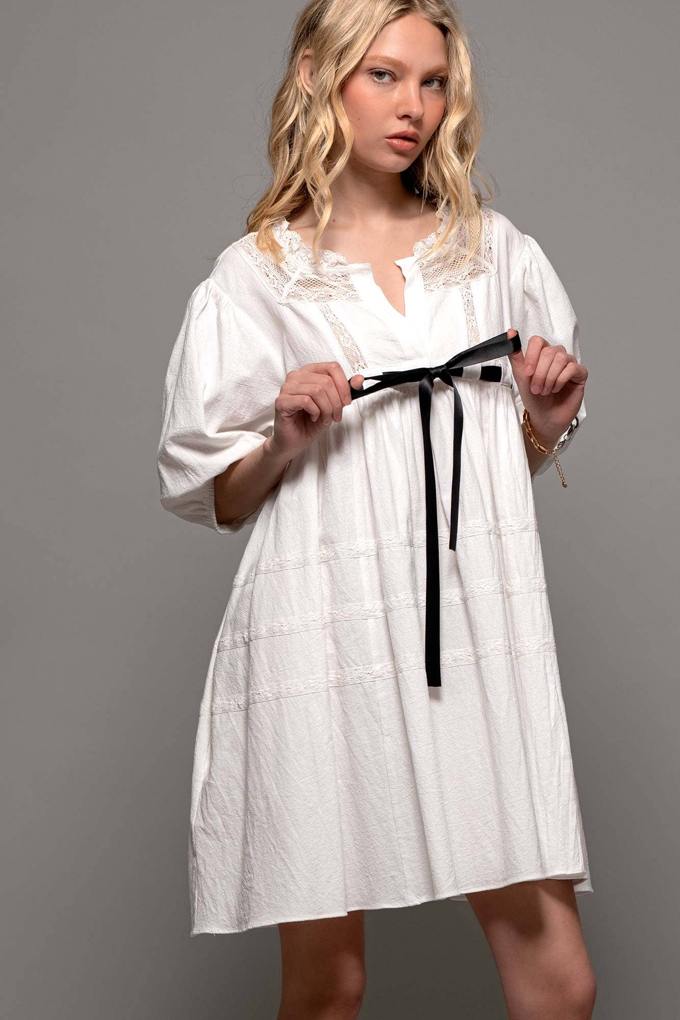 Urban Daizy Square Neck Lace Trim Bow Detail Empire Waist Dress Ivory Dress - Women's (UDZ-DR-00332) – alternate view 15