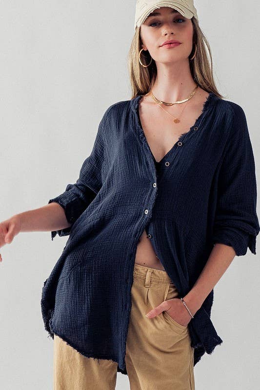 Urban Daizy PREMIUM SOFT FRAYED HEM GAUZE VINTAGE WASHED SHIRT Forest-Green Button Down Shirt - Women's (UDZ-TP-00225) –…