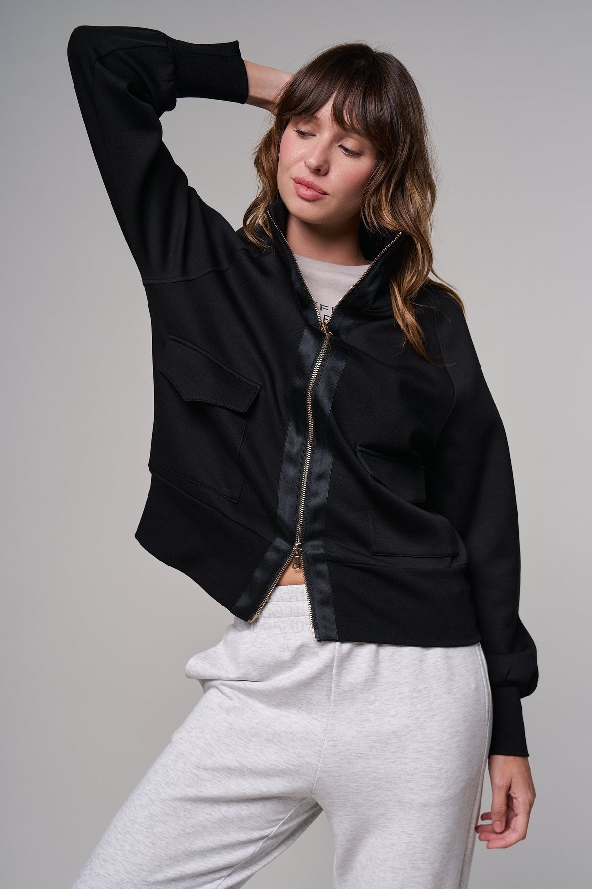 Scuba Zip Up Track Bomber Jacket Pilates Athflow for Women in BLACK - Women's Jackets & Blazers | Urban Daizy