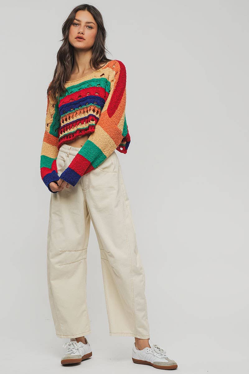 Urban Daizy Colorblock Crochet Knit Cropped Tie Back Sweater Muliti Knit Sweater - Women's (UDZ-KN-00357) – alternate view 5