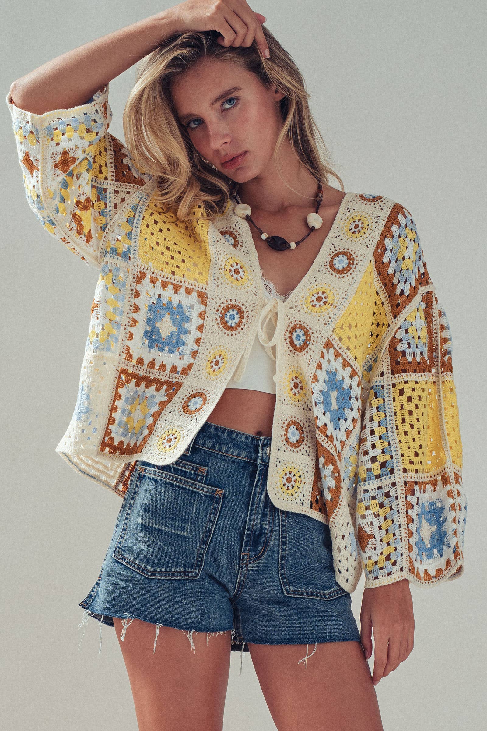 Granny Square Crochet Tie-Front Cardigan