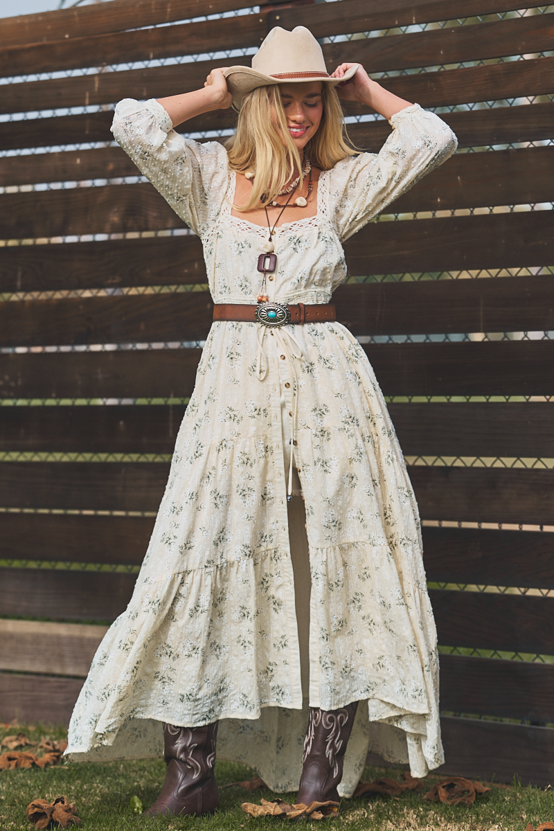 Floral Print Crochet Trim Balloon Sleeve Maxi Dress