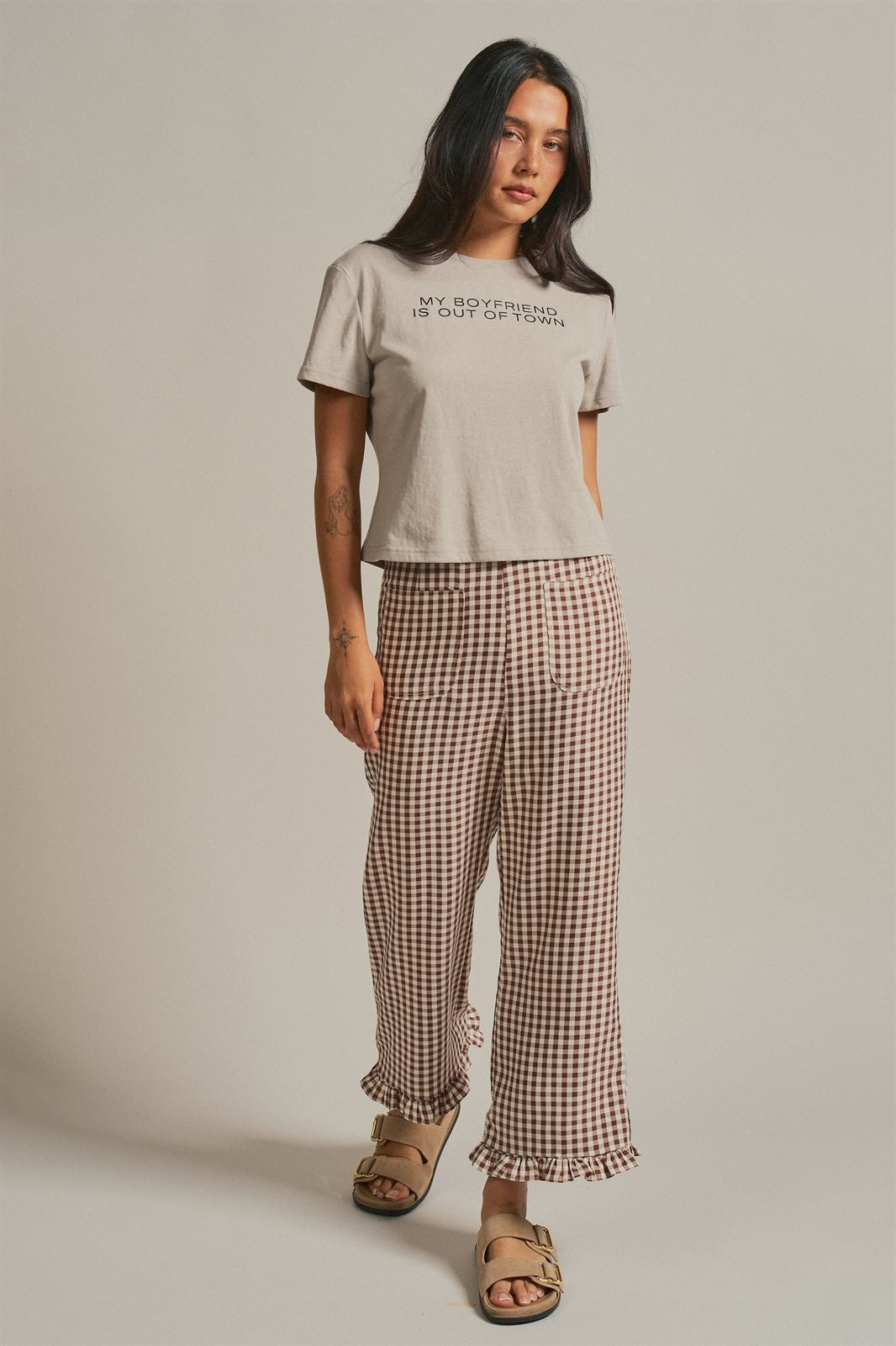 Gingham Ruffle Hem Cropped Wide Leg Pants in Brown in BROWN - Women's Casual Pants | Urban Daizy