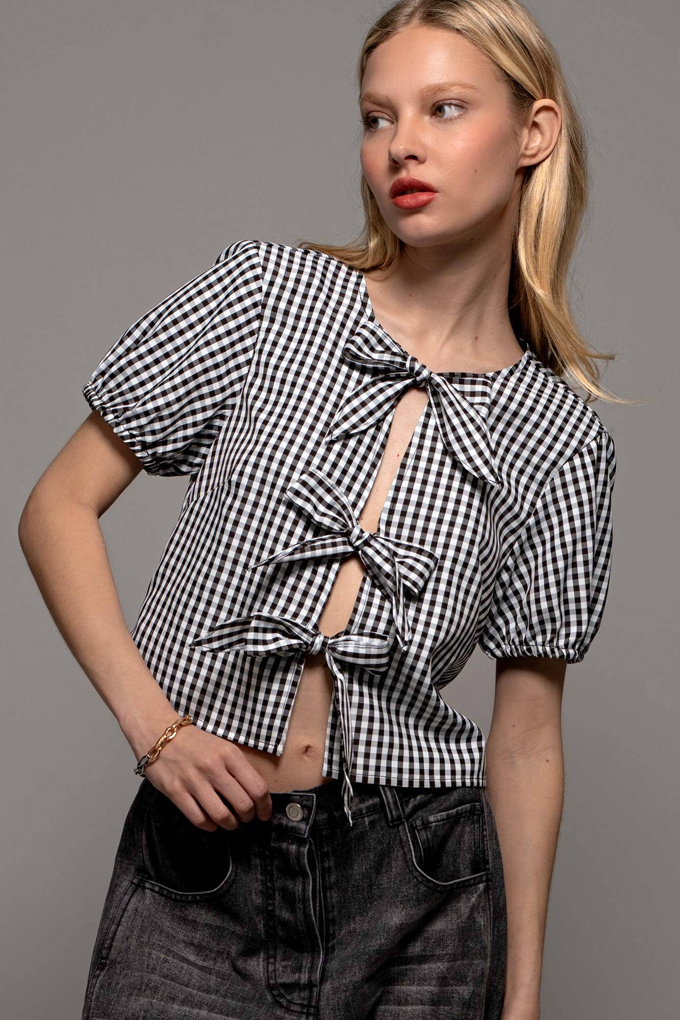 Urban Daizy Gingham Triple Bow Puff Sleeve Crop Top Pink Blouse - Women's (UDZ-TP-01033) – alternate view 17