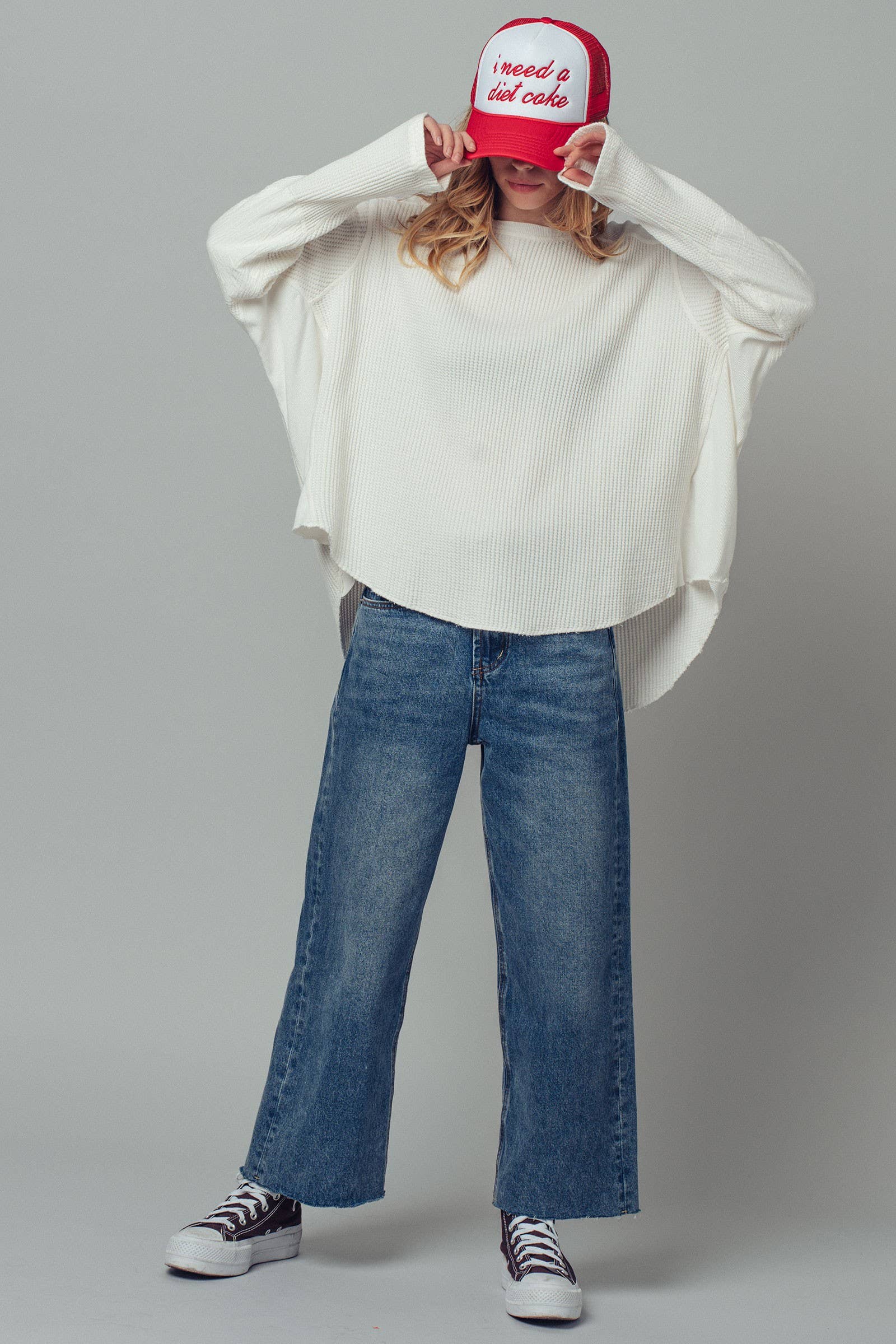 Oversized Waffle Knit High-Low Tunic Top