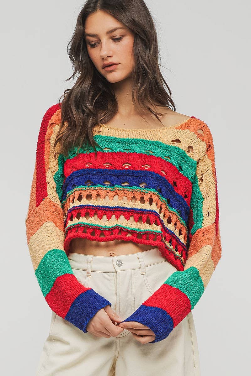 Urban Daizy Colorblock Crochet Knit Cropped Tie Back Sweater Muliti Knit Sweater - Women's (UDZ-KN-00357) – alternate view 13