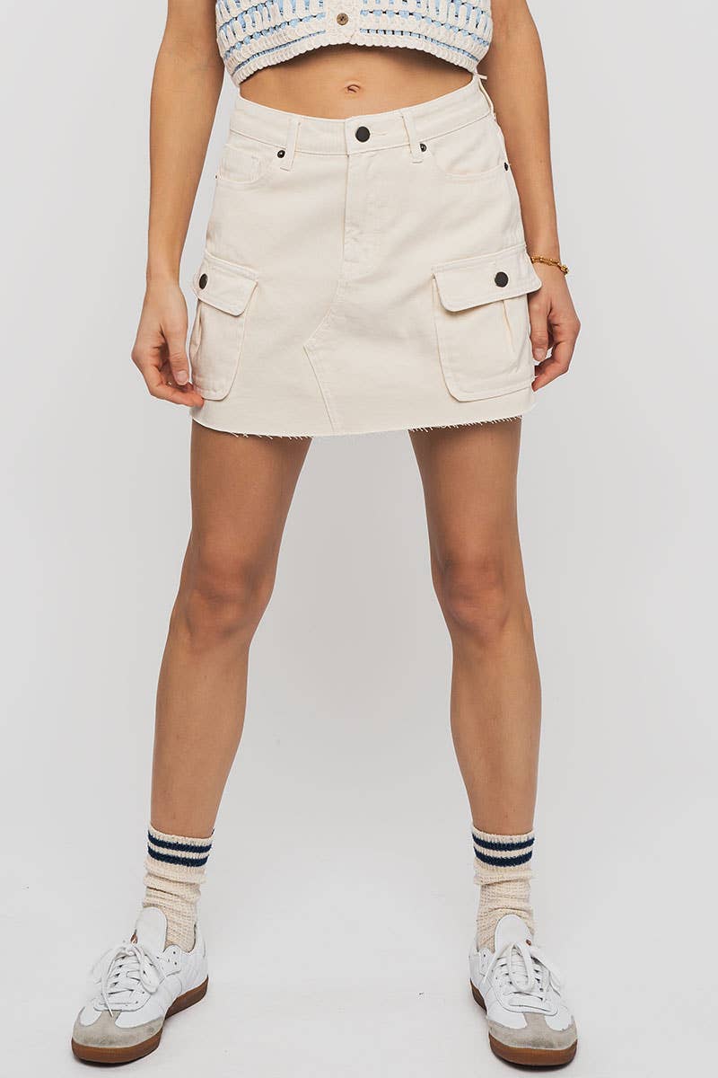 High Rise Raw Hem Utility Pocket Mini Cargo Skirt