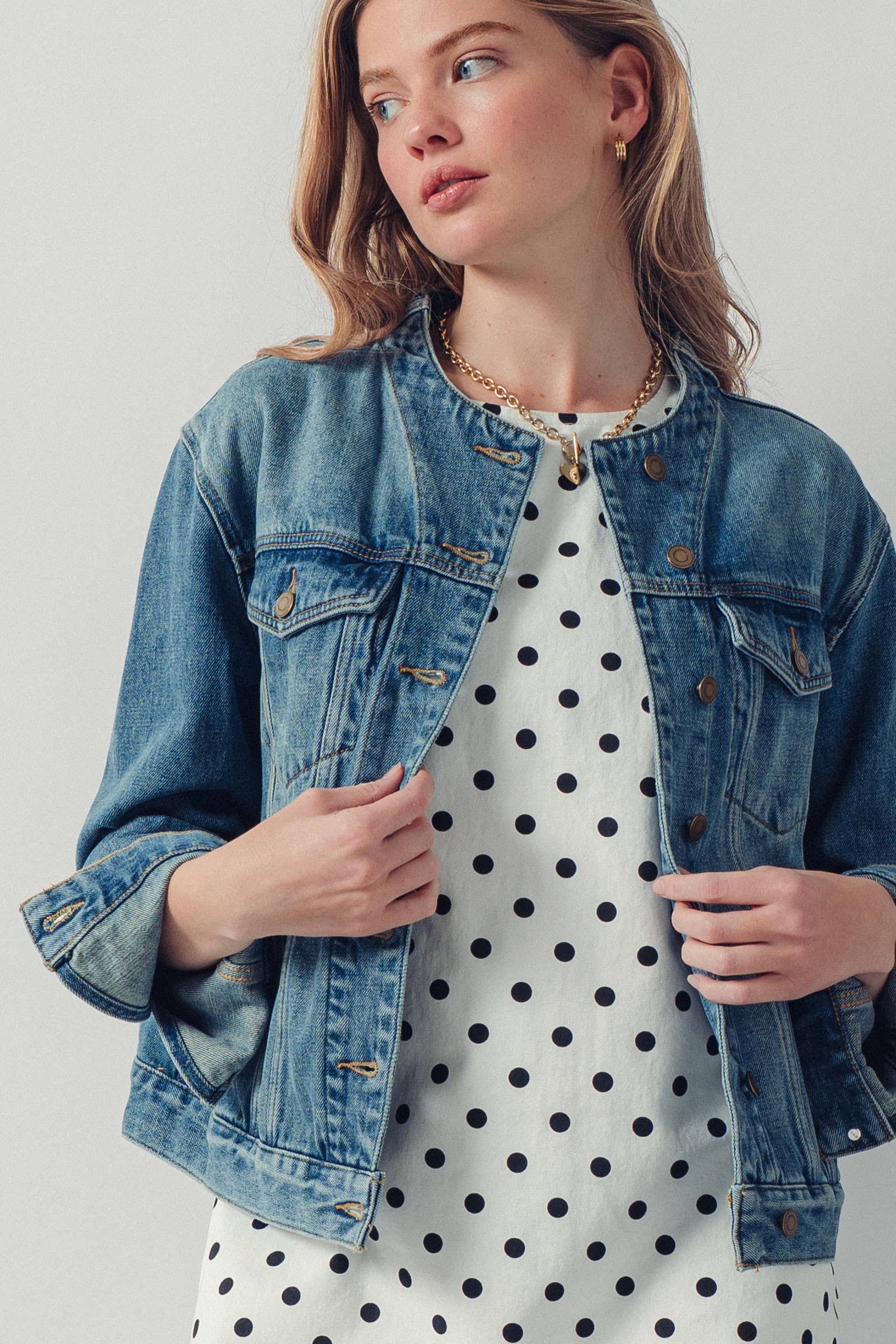 Urban Daizy Collarless Wash Denim Chore Jacket Denim Denim Jacket - Women's (UDOW0294-Denim) – alternate view 4