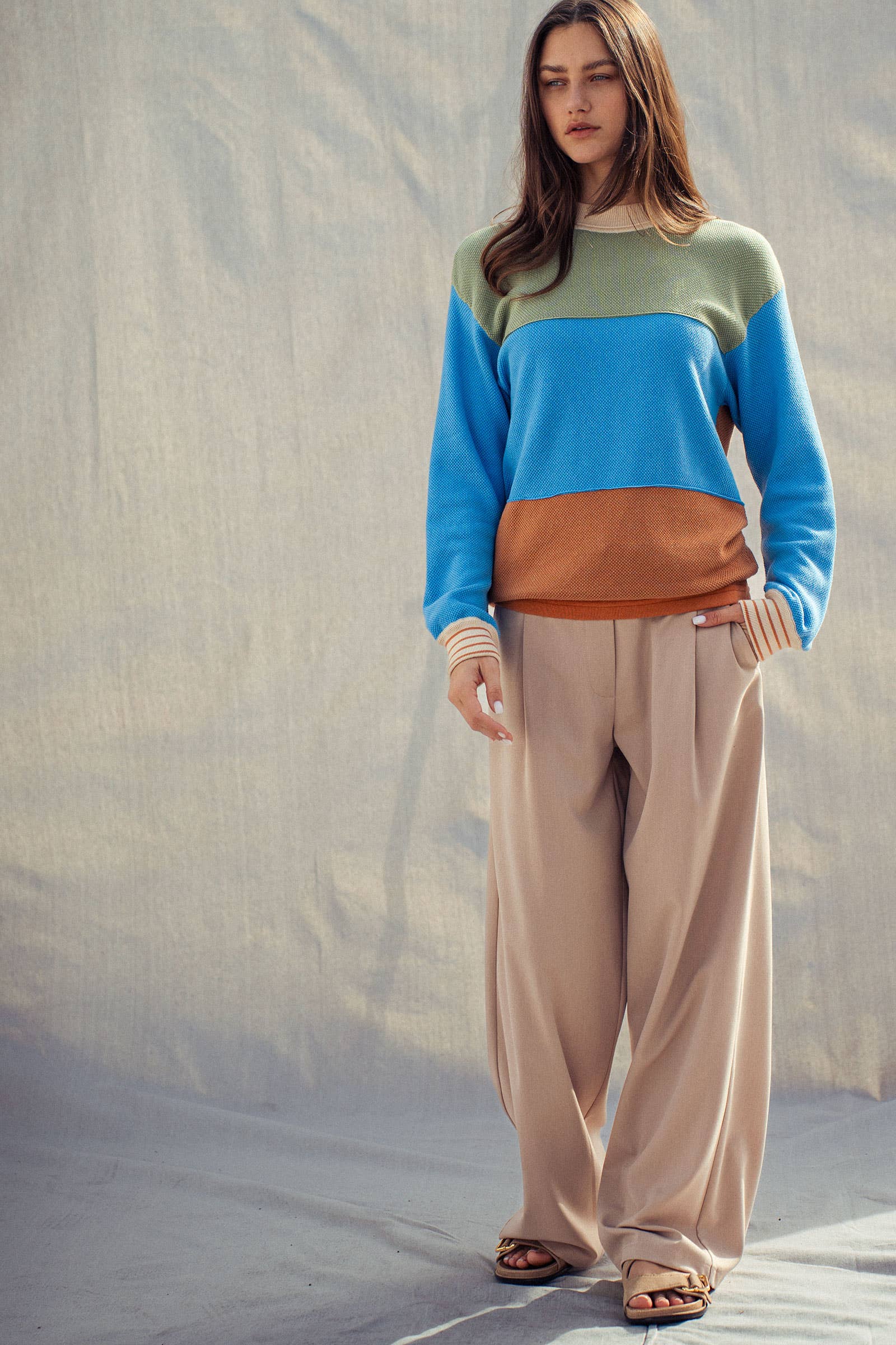 Urban Daizy Striped Cuff Colorblock Crewneck Sweater Rust-Multi Knit Sweater - Women's (UDZ-KN-00957) – alternate view 9