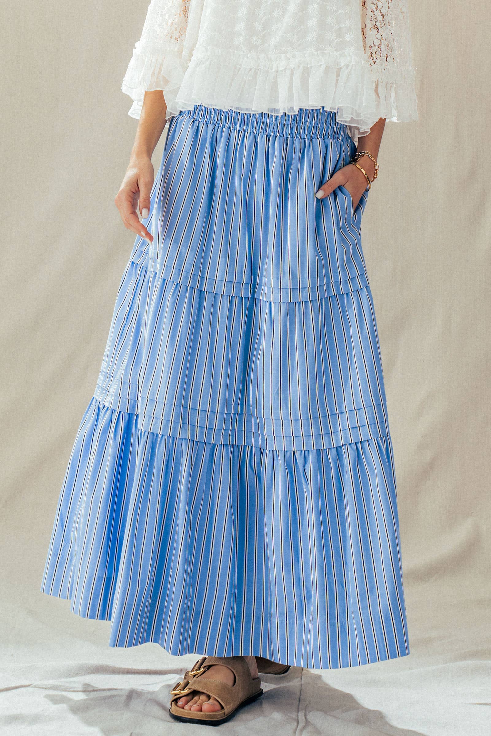 Striped Cotton Tiered Smocked Maxi Skirt