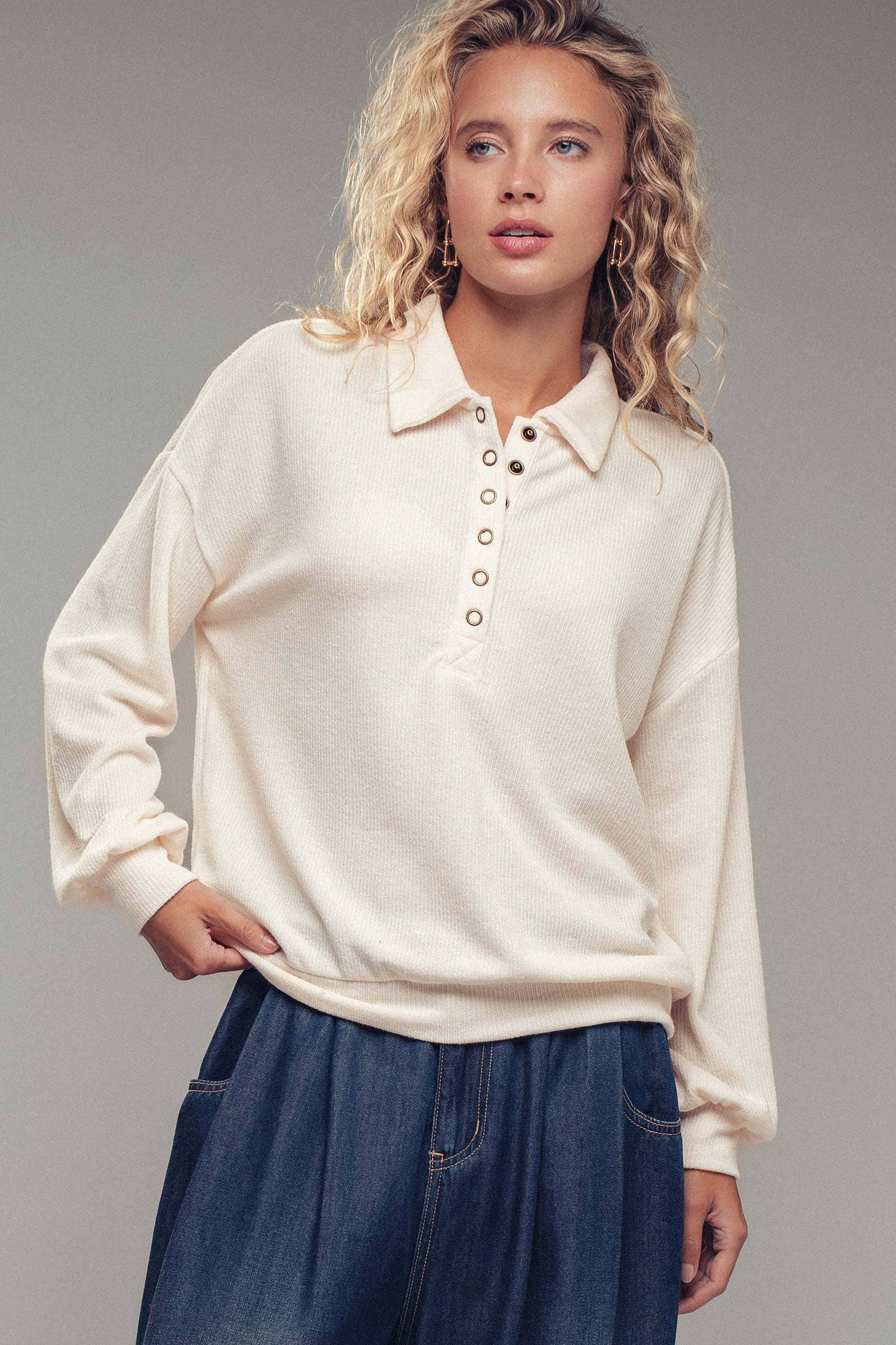 Urban Daizy Waffle Knit Collared Snap Placket Pullover Deep-Red Sweatshirt - Women's (UDZ-KN-00656) – alternate view 4