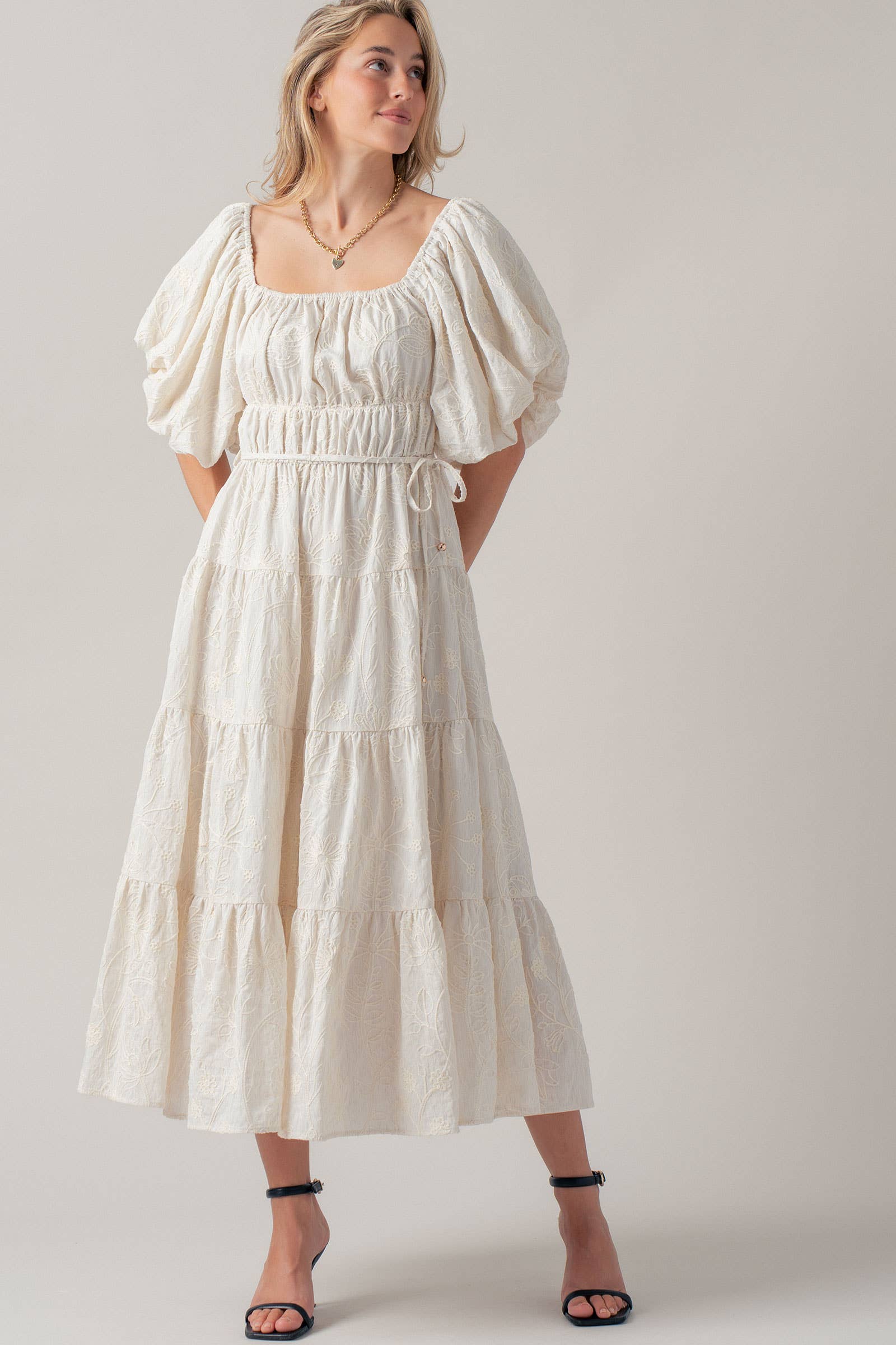 Urban Daizy Tonal Embroidered Puff Sleeve Tiered Midi Dress Ivory Dress - Women's (UDZ-DR-00520)