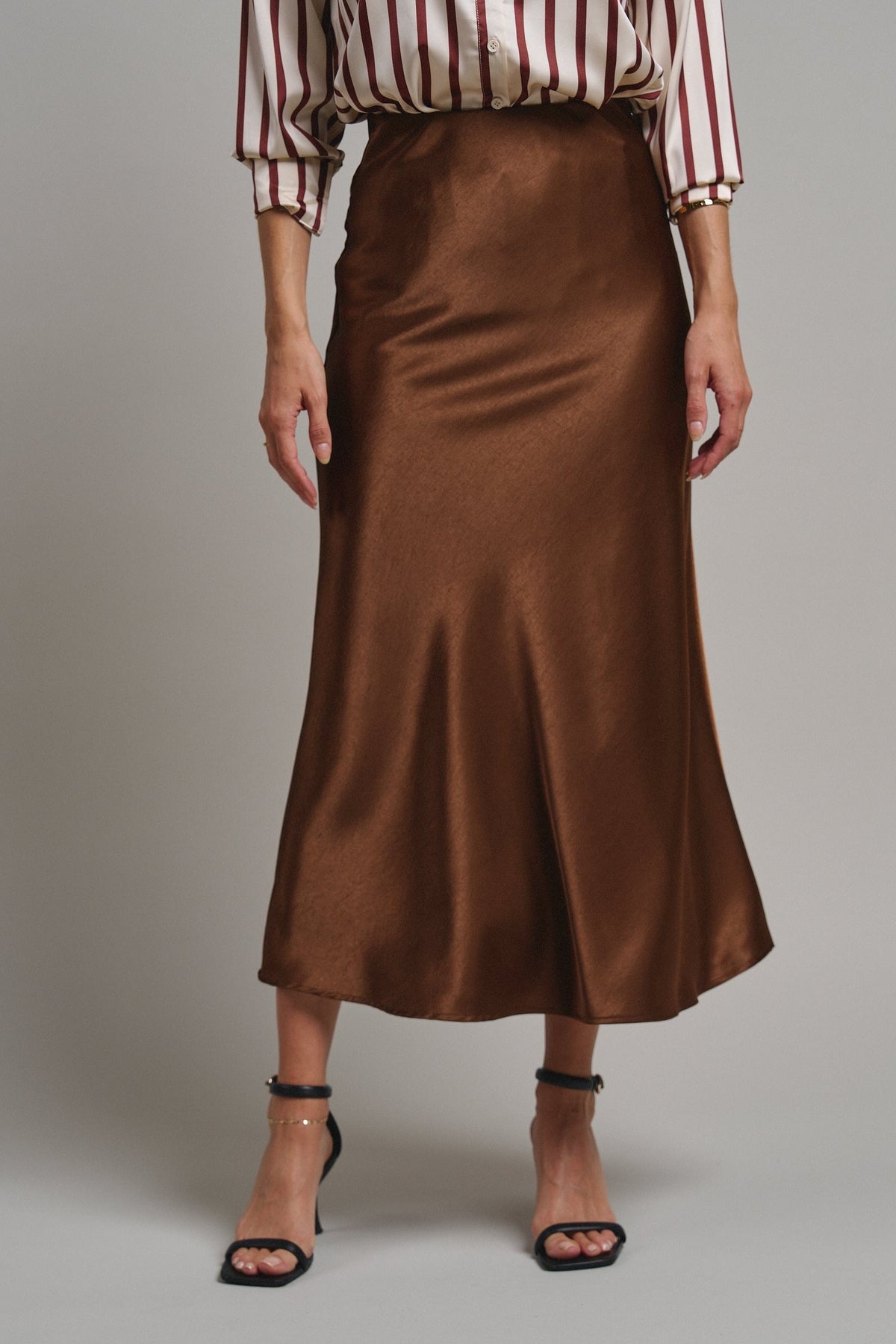 Bias Cut Satin Maxi Skirt with Fluid Drape in BROWN - Women's Midi Skirts | Urban Daizy