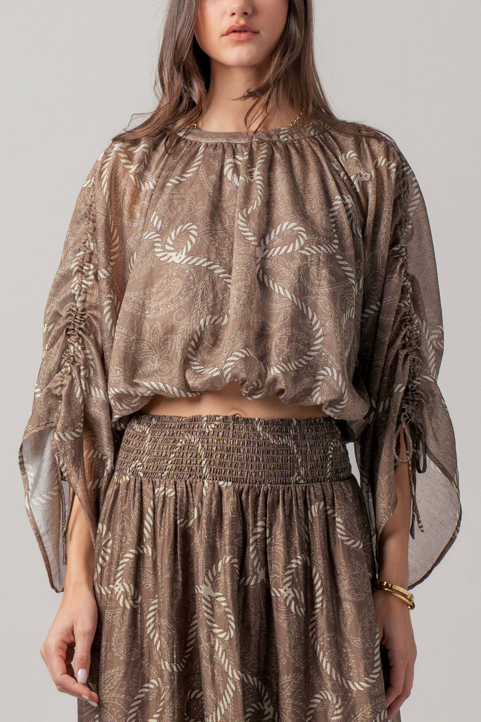 Rope Print Ruched Sleeve Blouse Linen Silk Blend